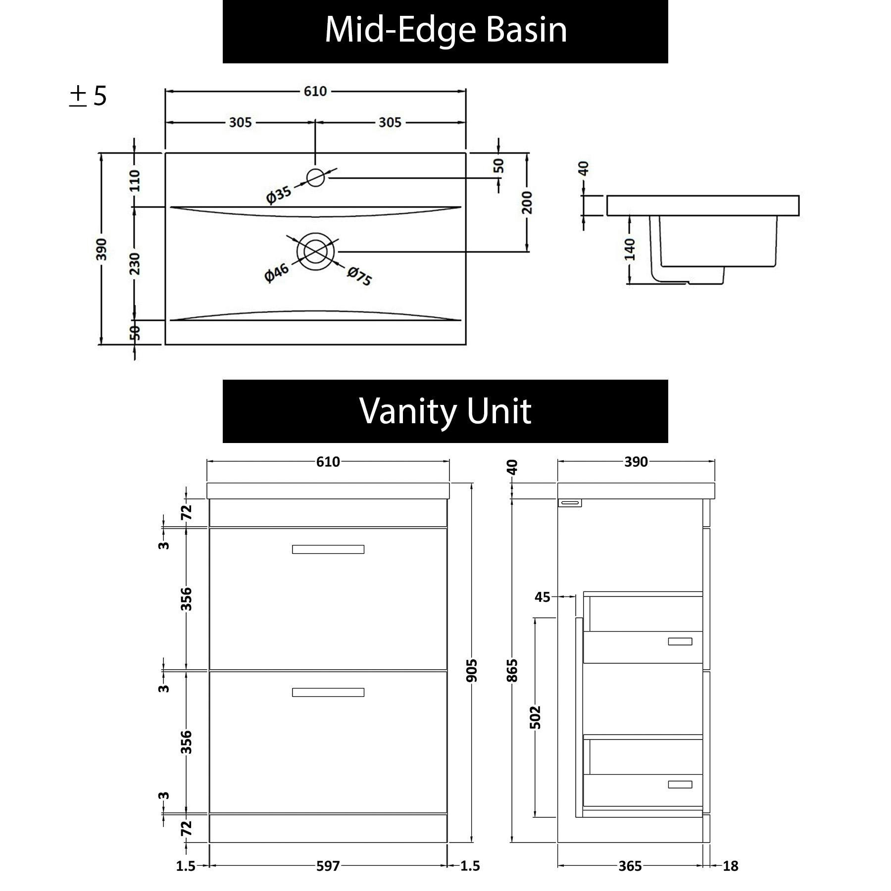 Cesar 600mm Floor Standing Vanity Unit Indigo Grey Gloss 2 Drawer Mid-Edge Basin Unit with Matt Black Handle