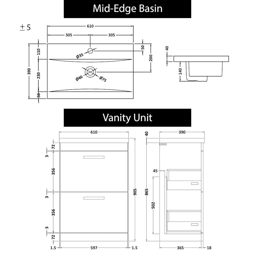 Cesar 600mm Floor Standing Vanity Unit Indigo Grey Gloss 2 Drawer Mid-Edge Basin Unit with Matt Black Handle