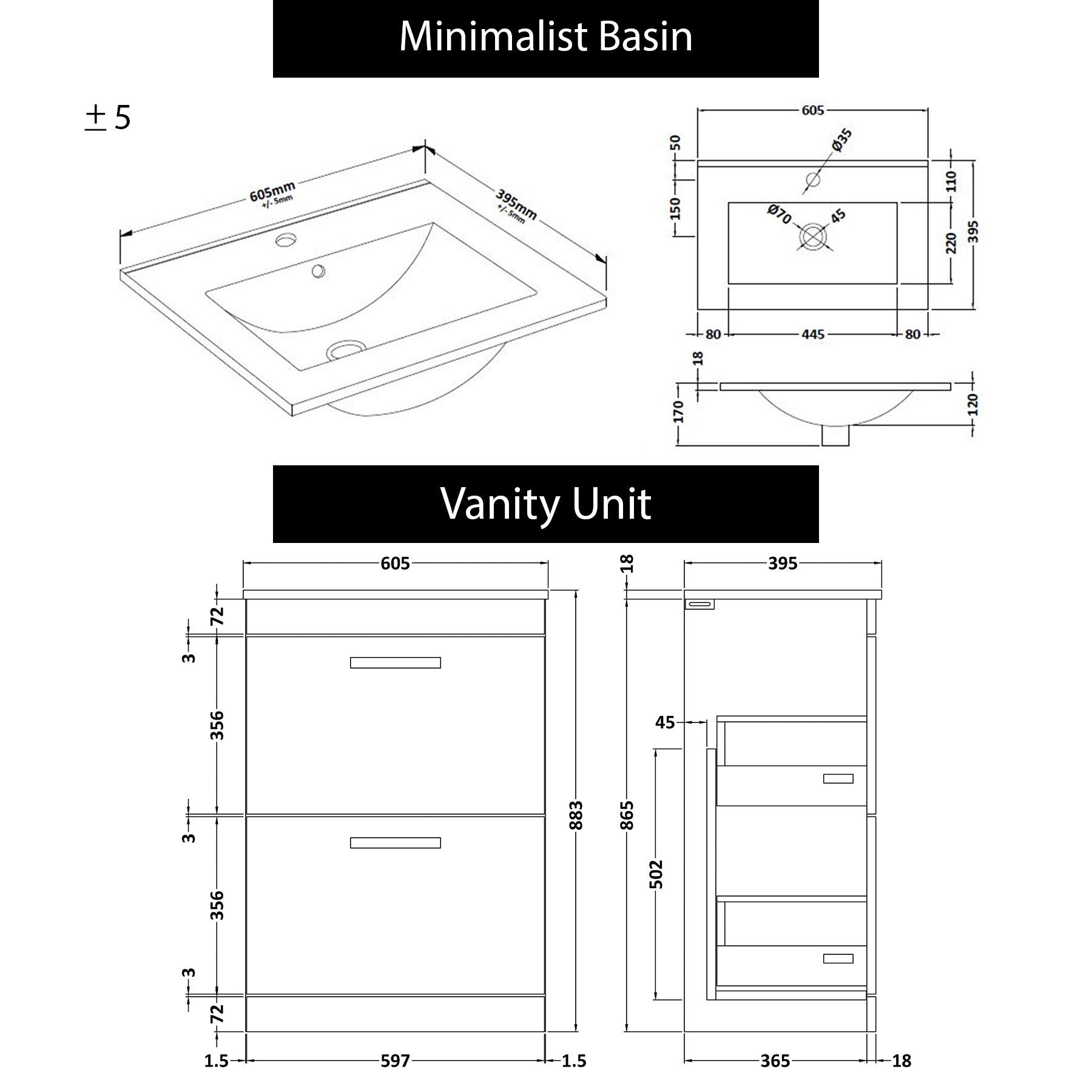 Turin 600mm Floor Standing Vanity Unit Hale Black 2 Drawer Minimalist Basin Unit with Brushed Brass Handle