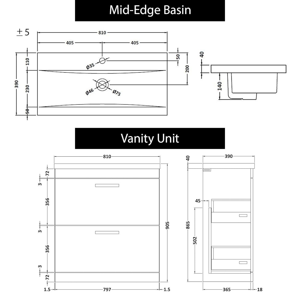 Cesar 800mm Grey Gloss Floor Standing Vanity Unit 2 Drawer with Mid-Edge & Black Handle