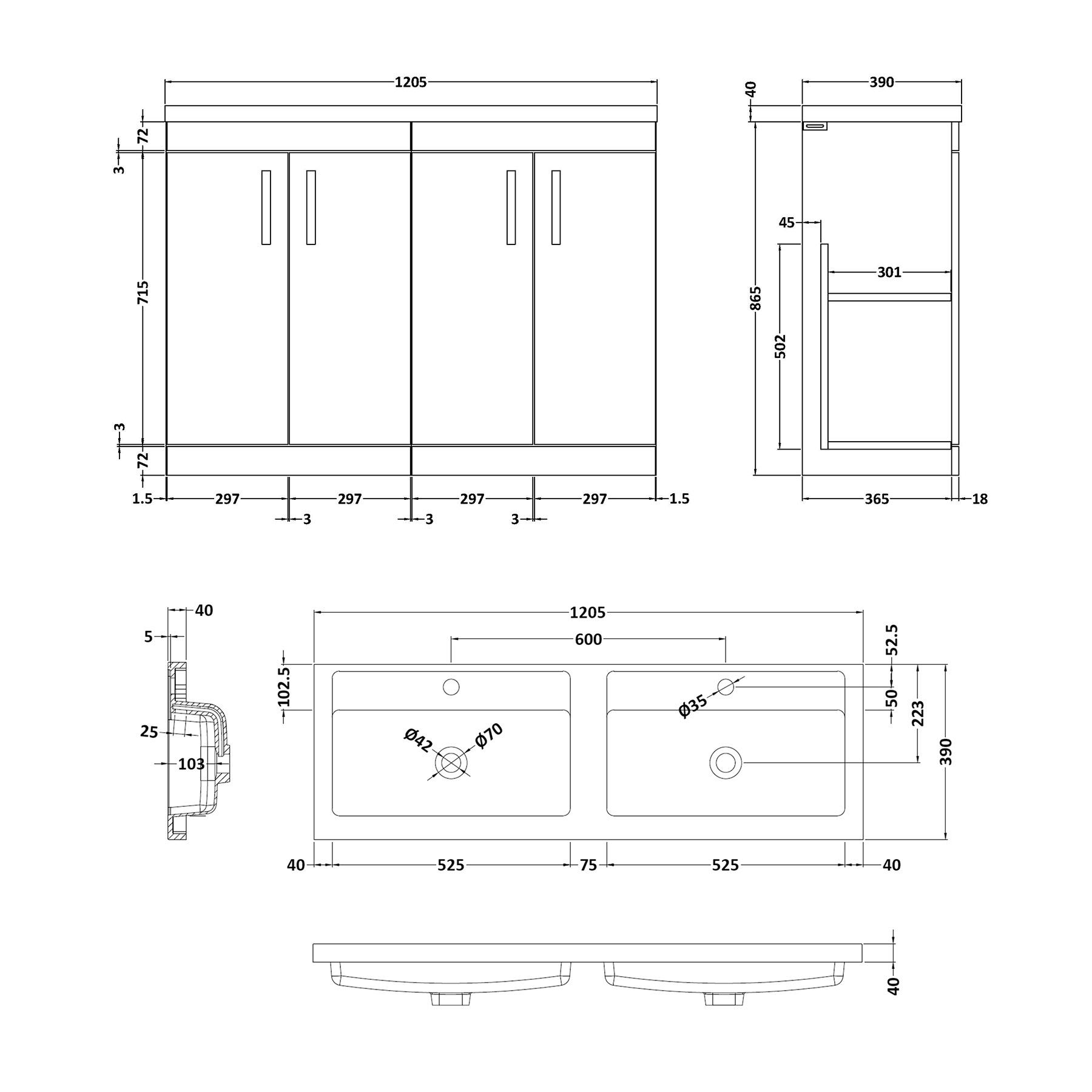 Turin 1200mm Gloss White Floor Standing 4-Door Vanity Unit Cabinet With Double Basin