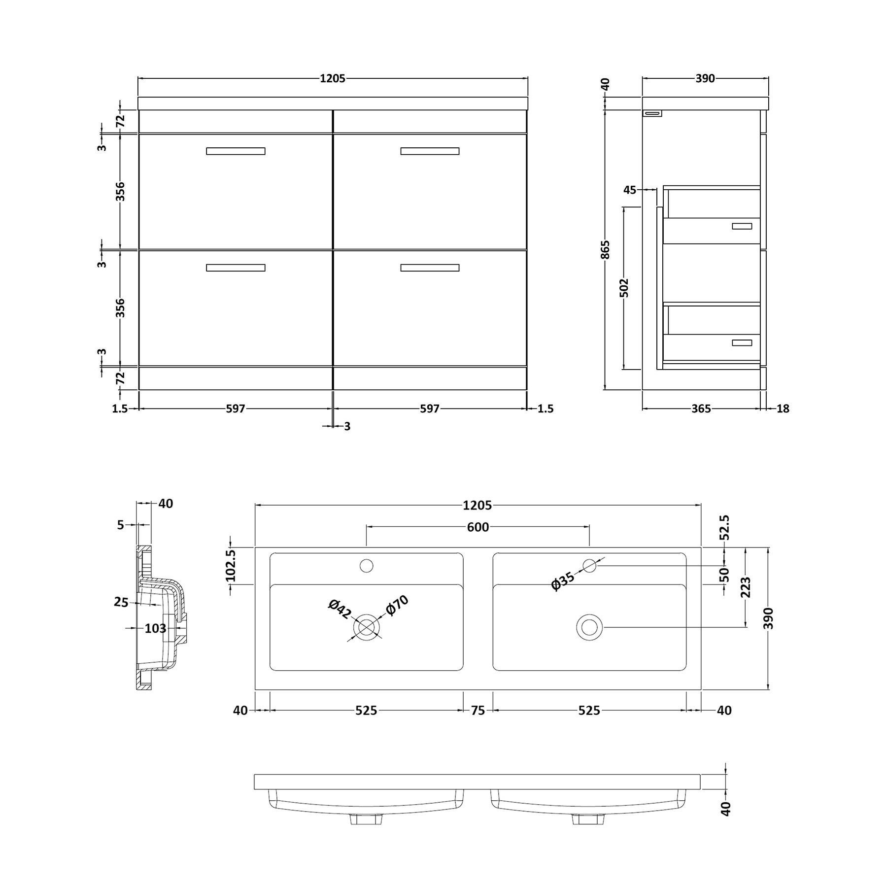 Turin 1200mm Grey Elm Floor Standing 4-Drawer Vanity Unit Cabinet With Double Basin