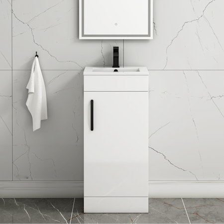 Turin 400mm Floor Standing Vanity Unit Gloss White - 1 Door Basin Unit with Matt Black Handle