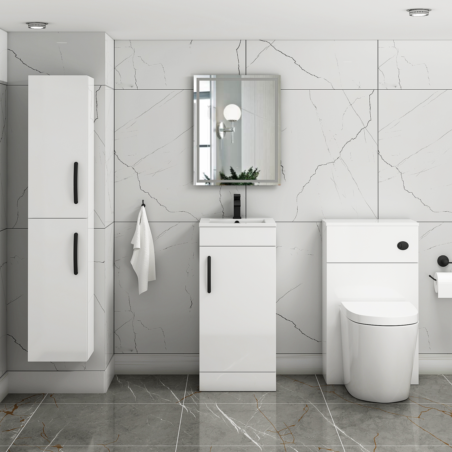 Turin 400mm Floor Standing Vanity Unit Gloss White - 1 Door Basin Unit with Matt Black Handle