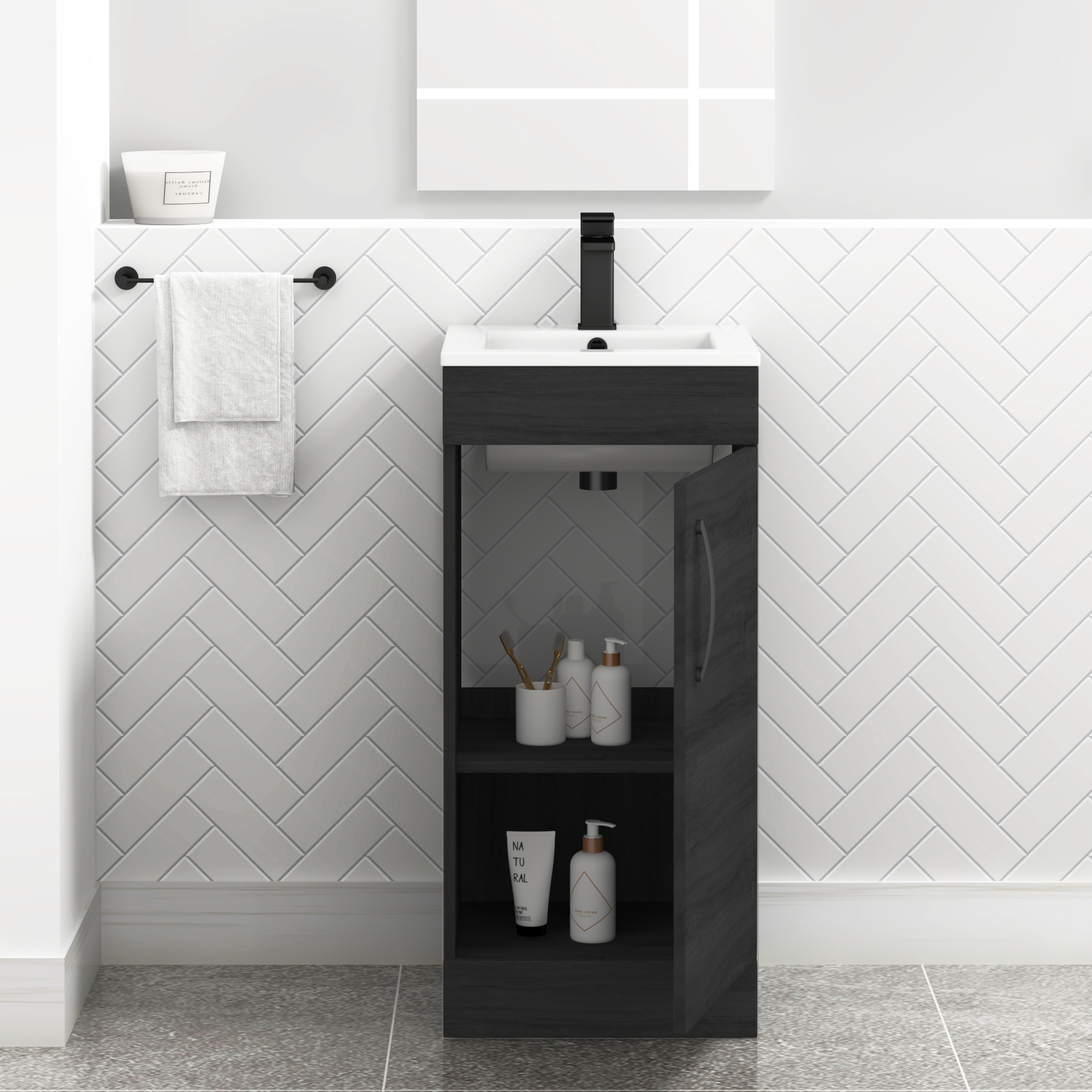Turin 400mm Cloakroom Floor Standing Vanity Unit & Basin 1 Door Hale Black with Matt Black Handle