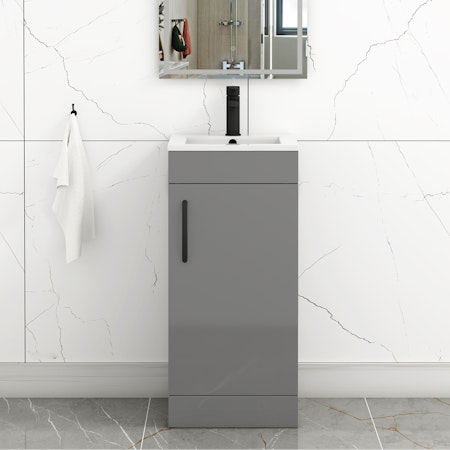 Turin 400mm Floor Standing Vanity Unit Indigo Grey Gloss - 1 Door Basin Unit with Matt Black Handle