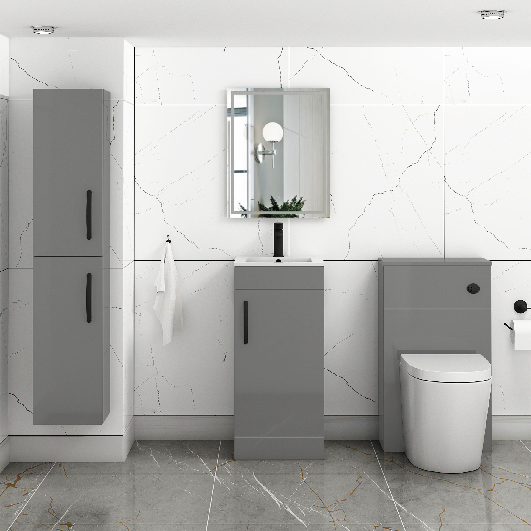 Turin 400mm Floor Standing Vanity Unit Indigo Grey Gloss - 1 Door Basin Unit with Matt Black Handle