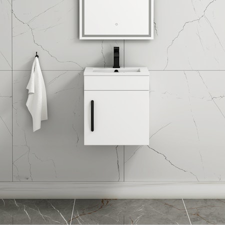 Turin 400mm Cloakroom Wall Hung Vanity Sink Unit Gloss White - 1 Door with Matt Black Handle
