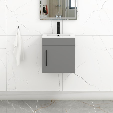 Turin 400mm Wall Hung Vanity Sink Unit Indigo Grey Gloss - 1 Door Cloakroom with Matt Black Handle