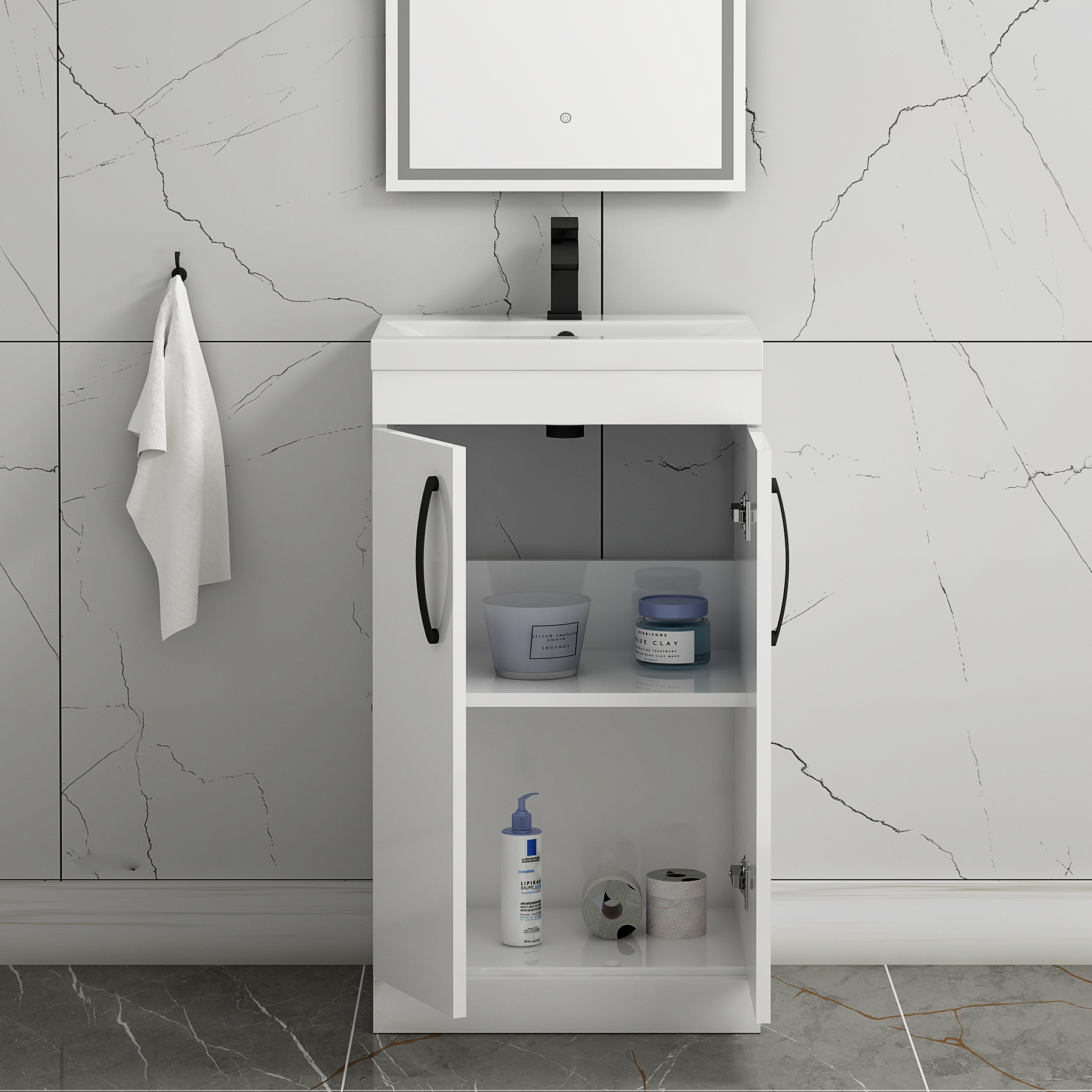 Turin 500mm Floor Standing Vanity Sink Unit Gloss White 2 Door - Mid-Edge with Matt Black Handle