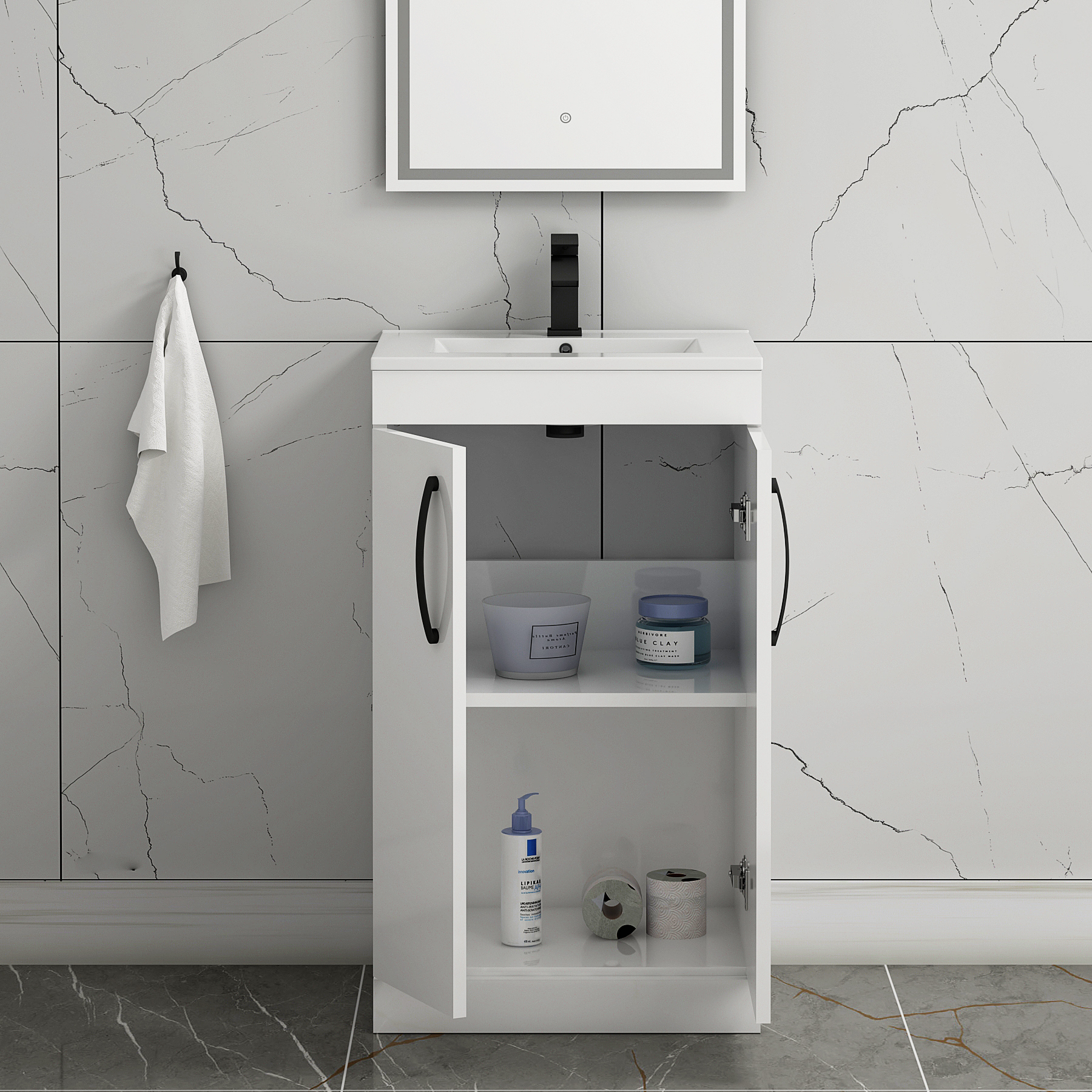 Turin 500mm Floor Standing Vanity Sink Unit Gloss White 2 Door - Minimalist with Matt Black Handle