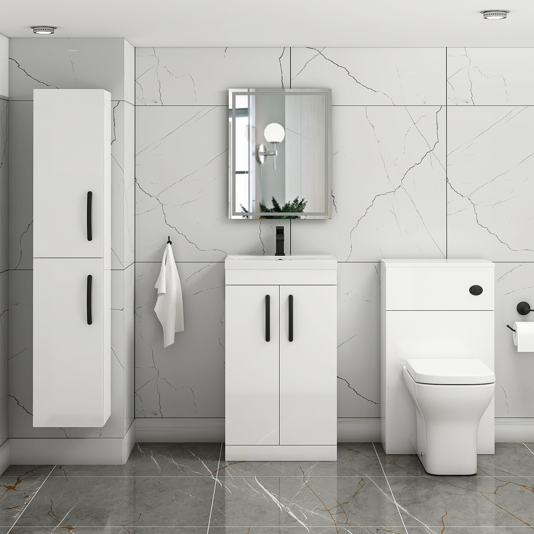 Turin 500mm Floor Standing Vanity Sink Unit Gloss White 2 Door - Mid-Edge with Matt Black Handle