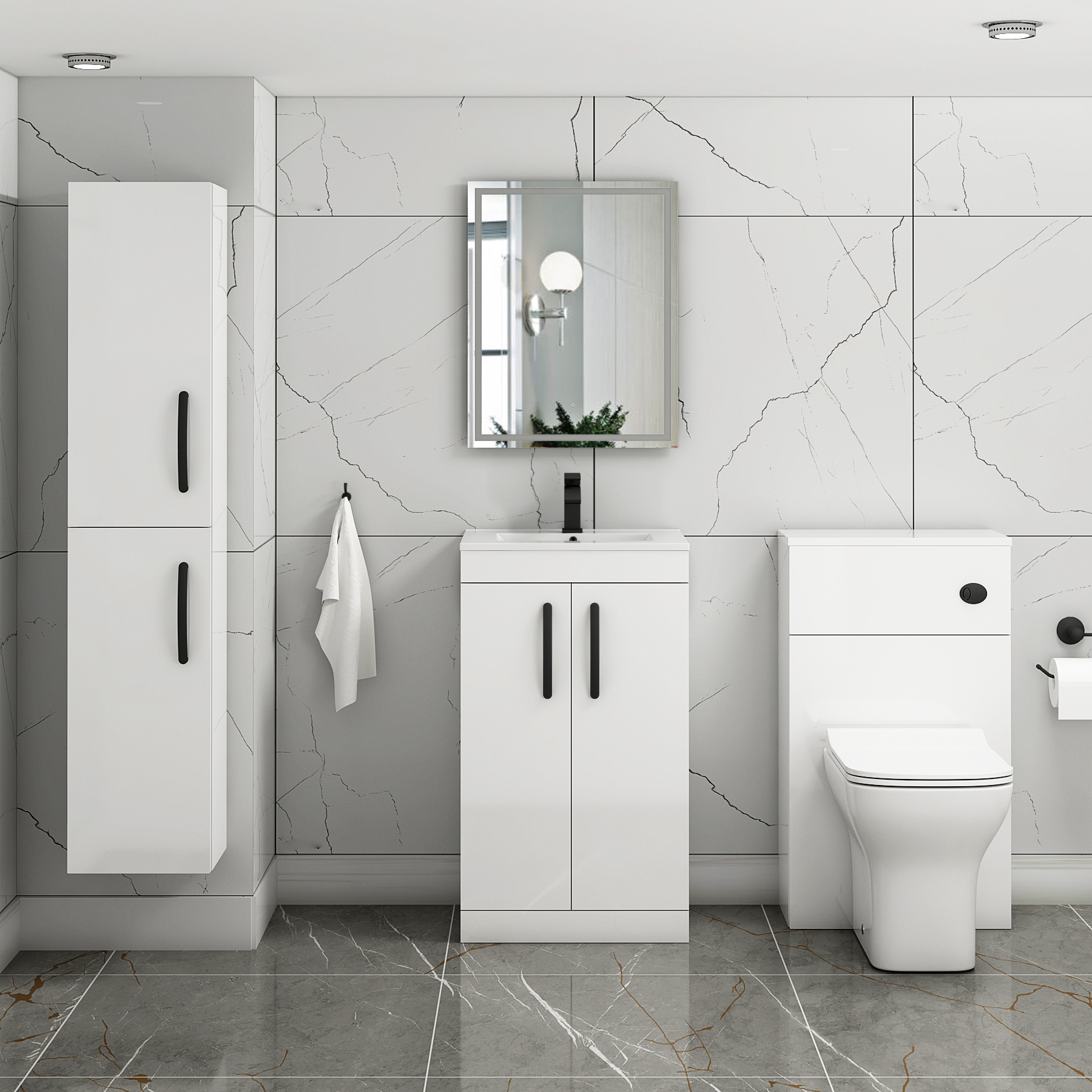 Turin 500mm Floor Standing Vanity Sink Unit Gloss White 2 Door - Minimalist with Matt Black Handle