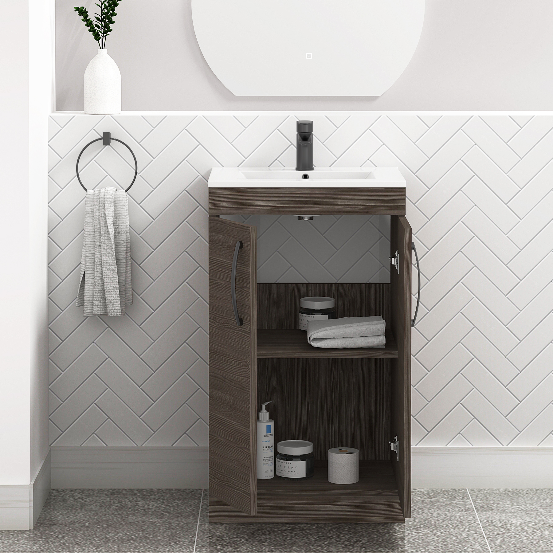 Turin 500mm Floor Standing Vanity Sink Unit Grey Elm 2 Door - Minimalist with Matt Black Handle