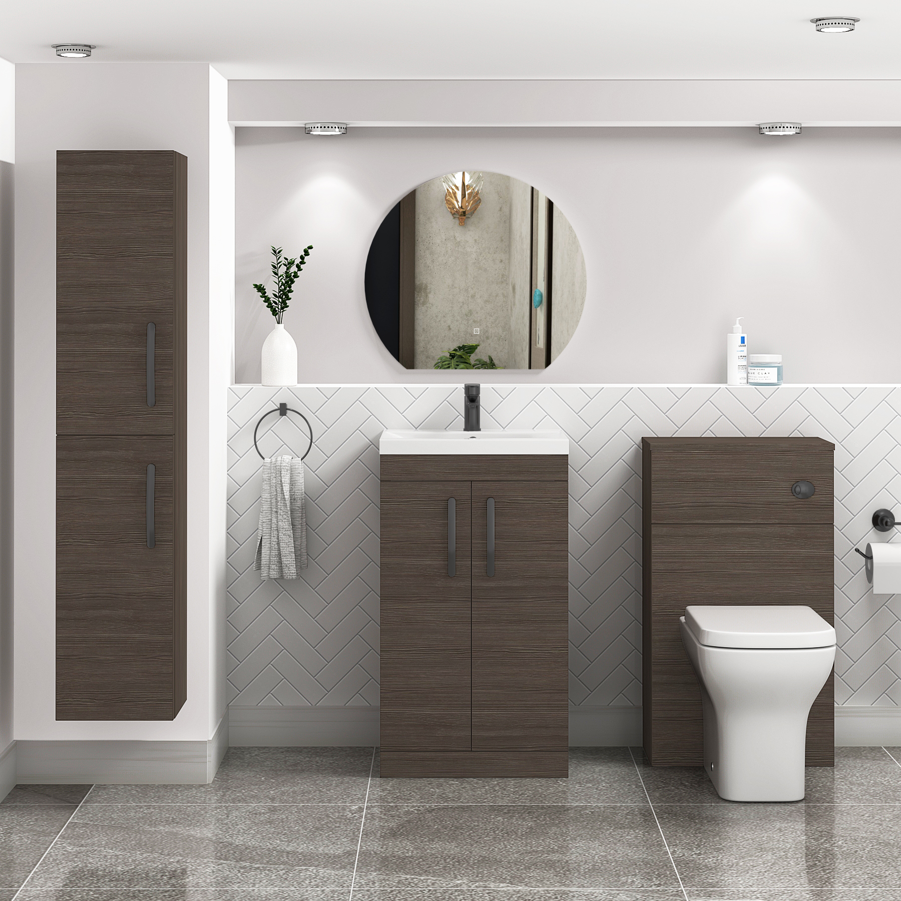 Turin 500mm Floor Standing Vanity Sink Unit Grey Elm 2 Door - Mid-Edge with Matt Black Handle