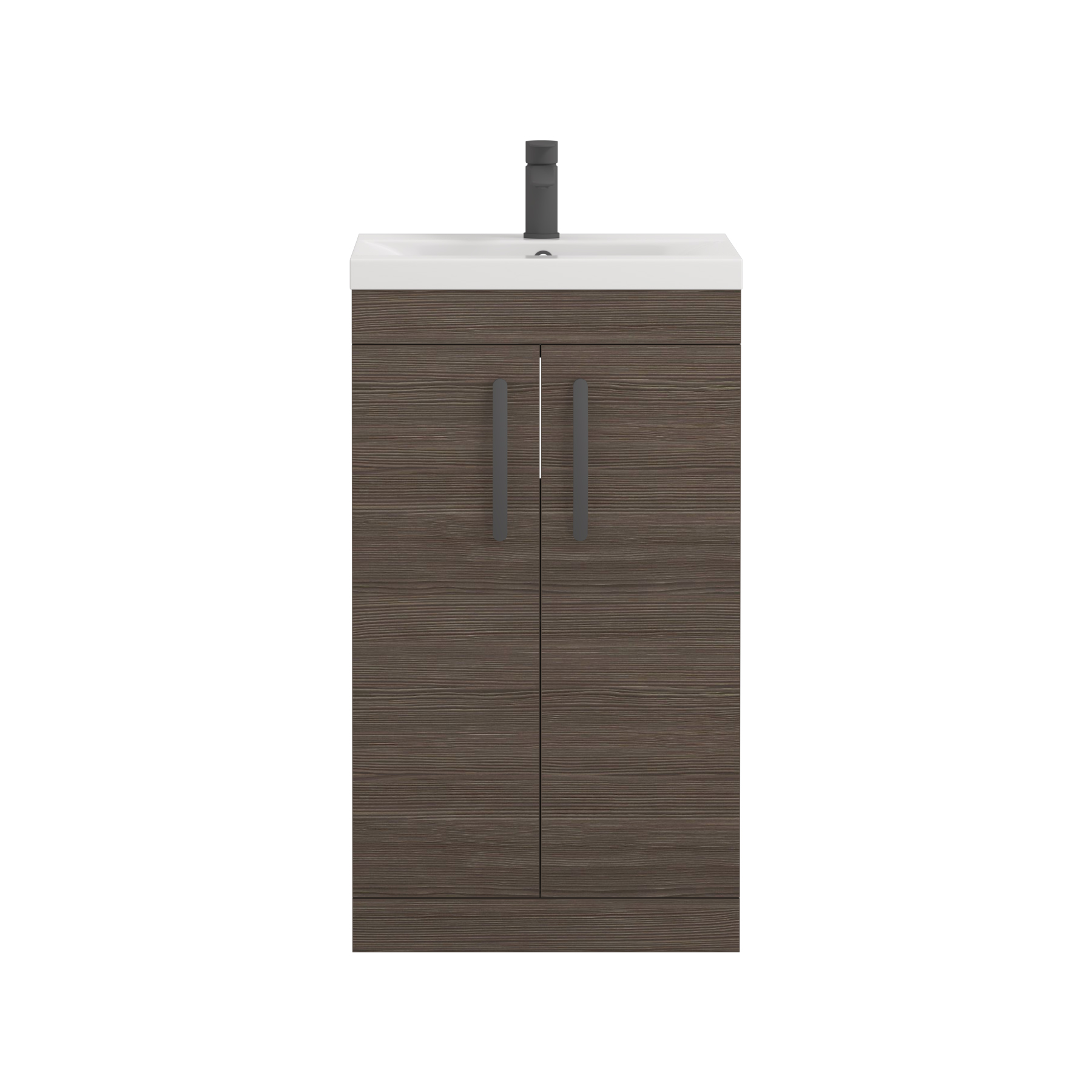Turin 500mm Floor Standing Vanity Sink Unit Grey Elm 2 Door - Mid-Edge with Matt Black Handle