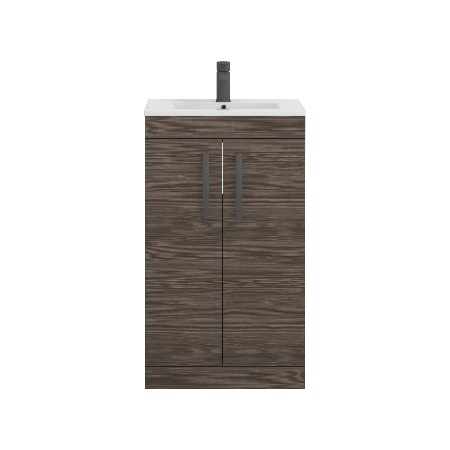 Turin 500mm Floor Standing Vanity Sink Unit Grey Elm 2 Door - Minimalist with Matt Black Handle
