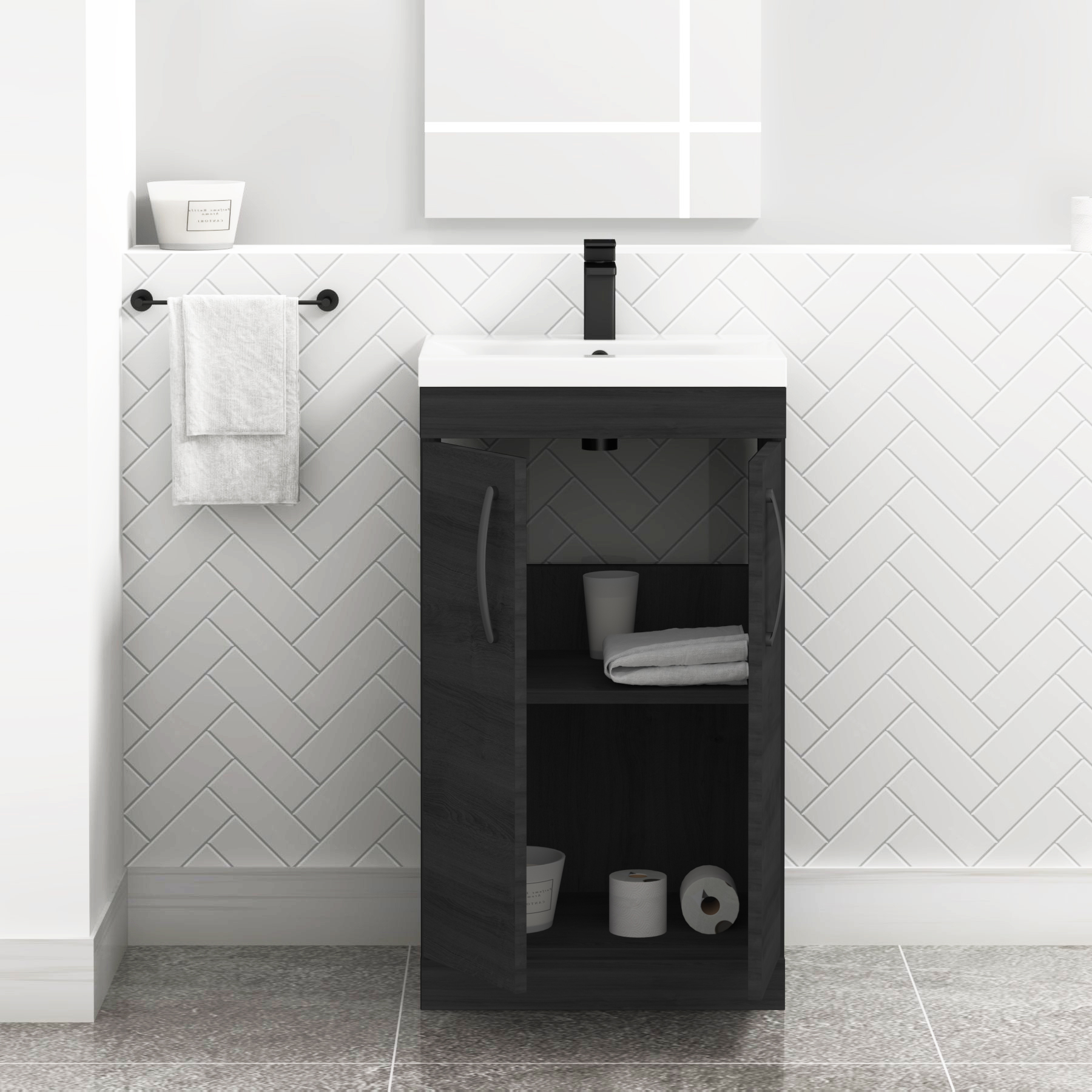 Turin 500mm Floor Standing Vanity Sink Unit Hale Black 2 Door - Mid-Edge with Matt Black Handle