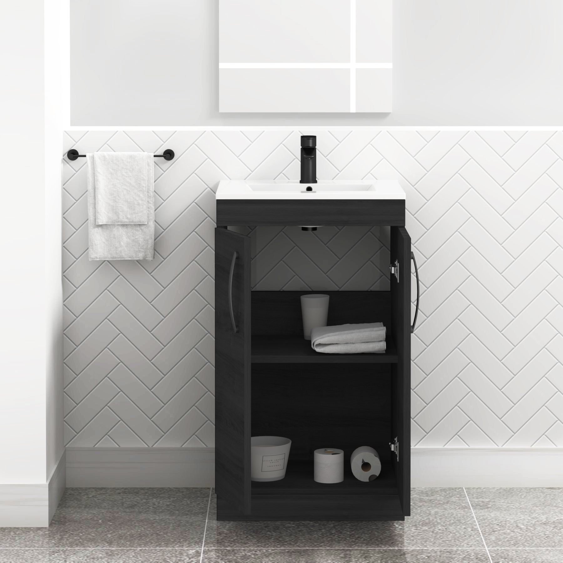 Turin 500mm Floor Standing Vanity Sink Unit Hale Black 2 Door - Minimalist with Matt Black Handle