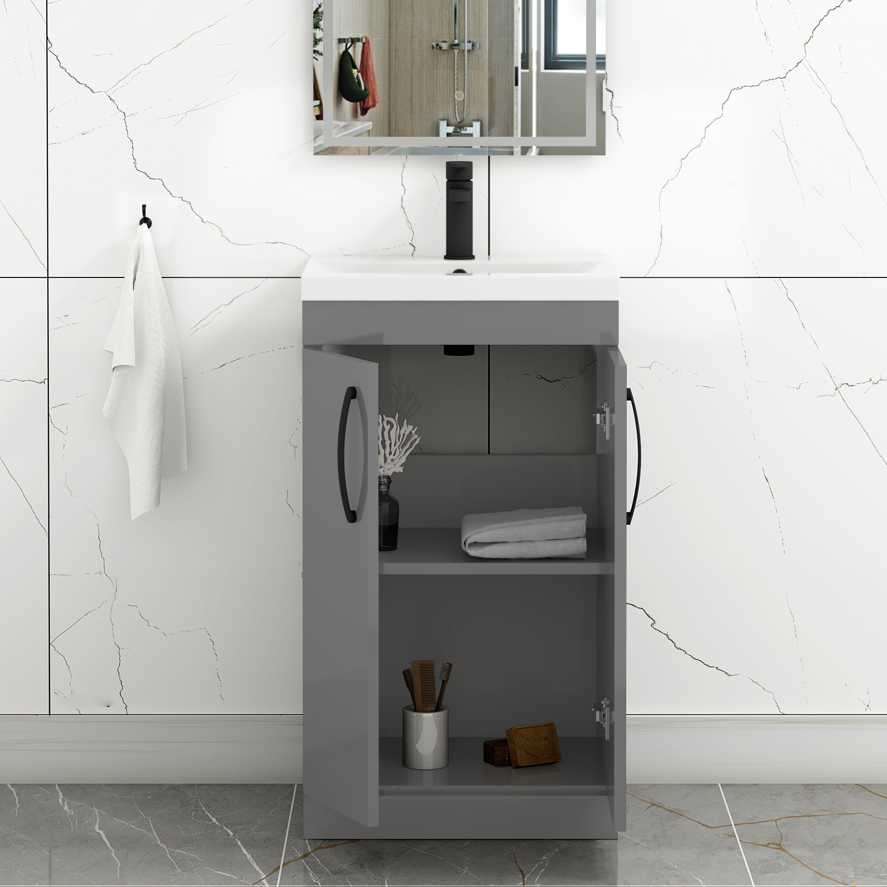 Turin 500mm Floor Standing Vanity Sink Unit Indigo Grey Gloss 2 Door - Mid-Edge with Matt Black Handle