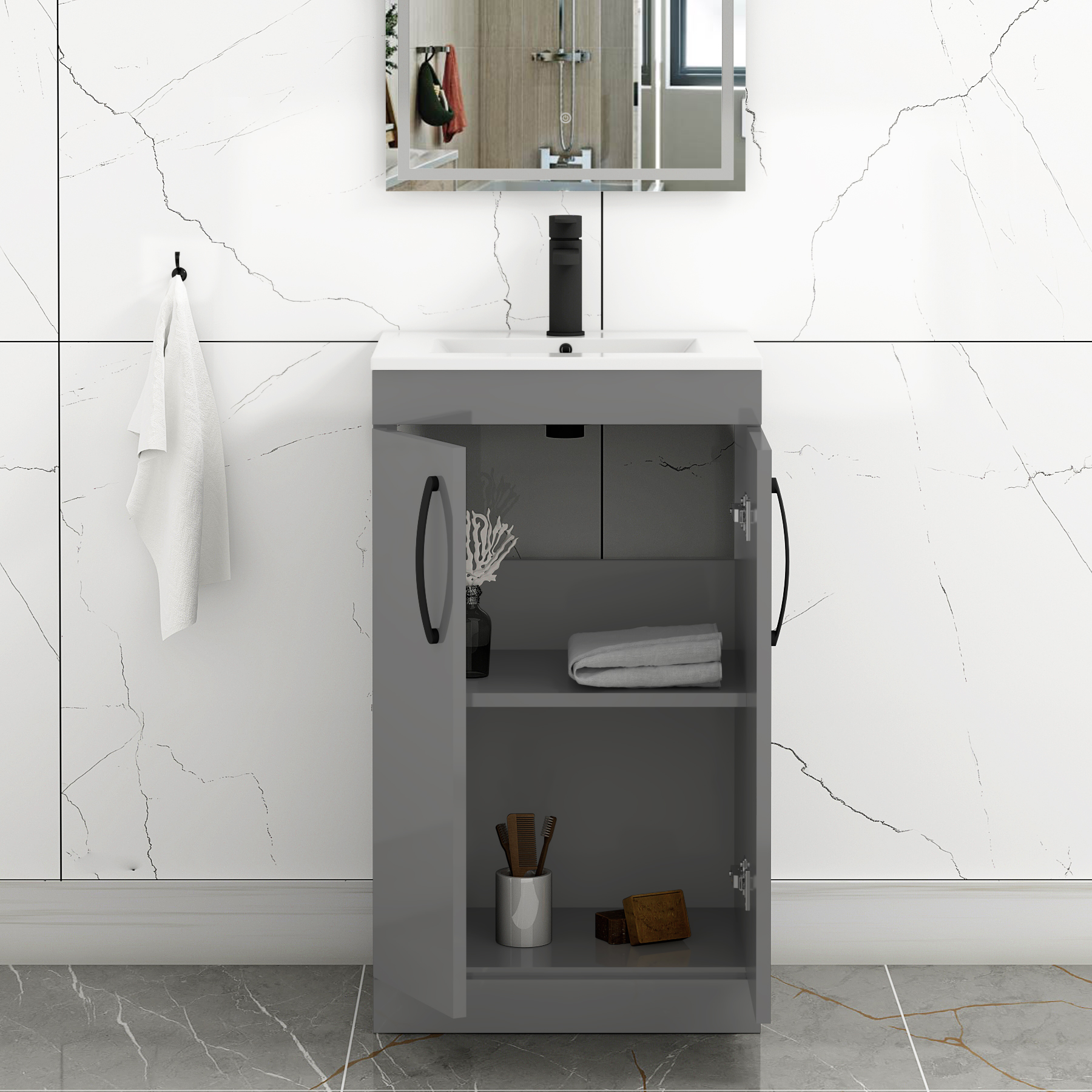 Turin 500mm Floor Standing Vanity Sink Unit Indigo Grey Gloss 2 Door - Minimalist with Matt Black Handle