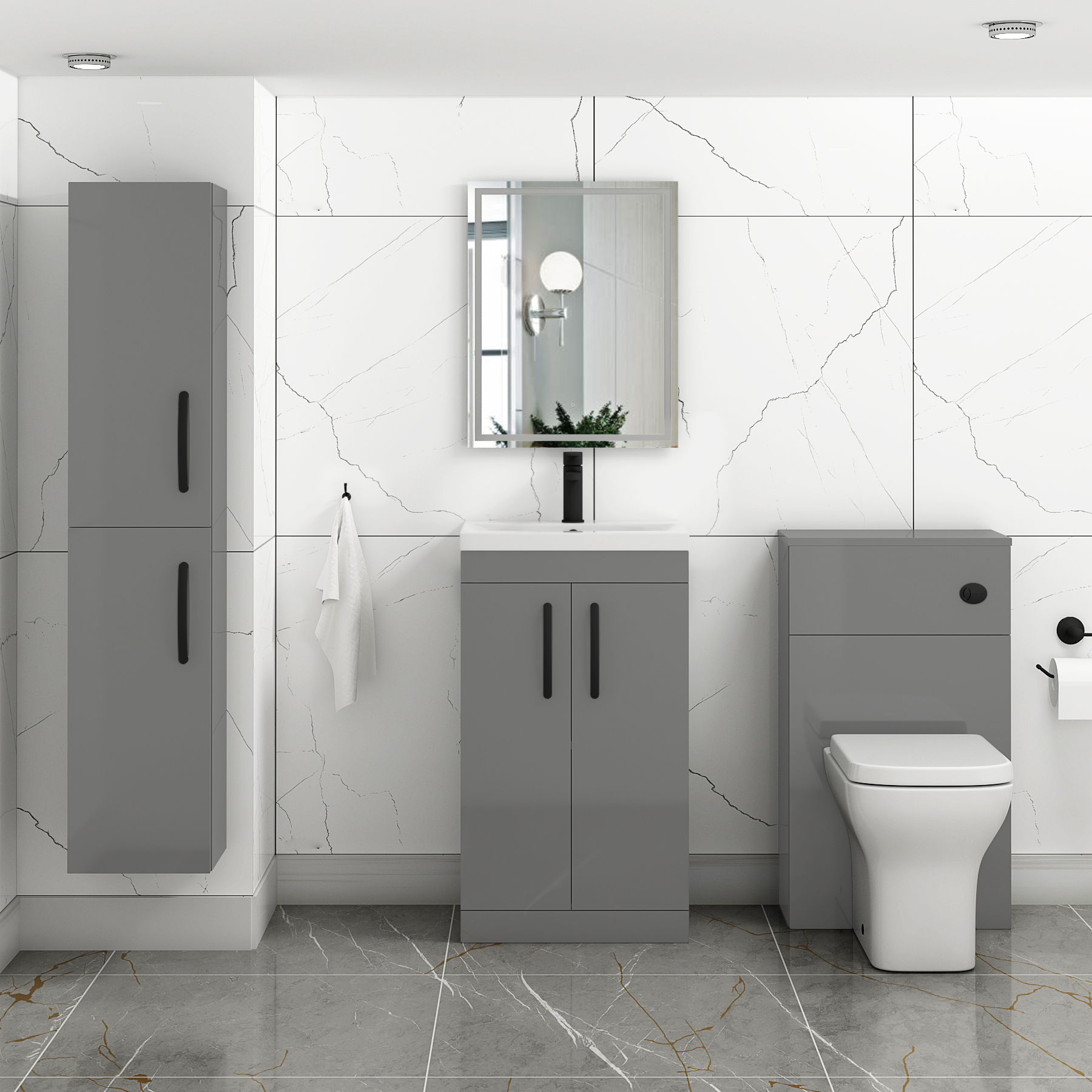 Turin 500mm Floor Standing Vanity Sink Unit Indigo Grey Gloss 2 Door - Mid-Edge with Matt Black Handle