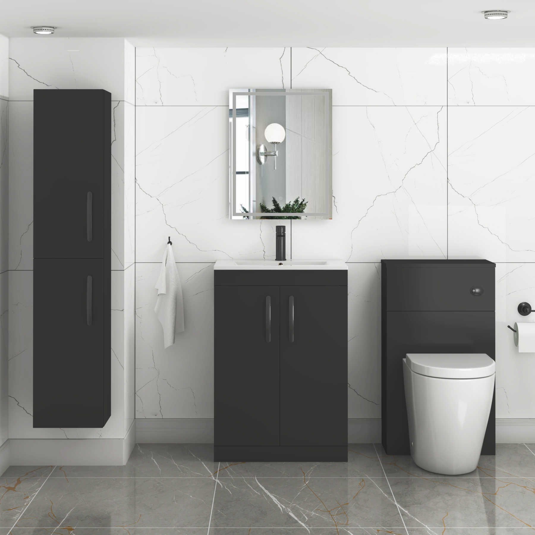 Turin Matt Black 2 Door Floor Standing Vanity Unit with Minimalist Basin - Multiple Sizes