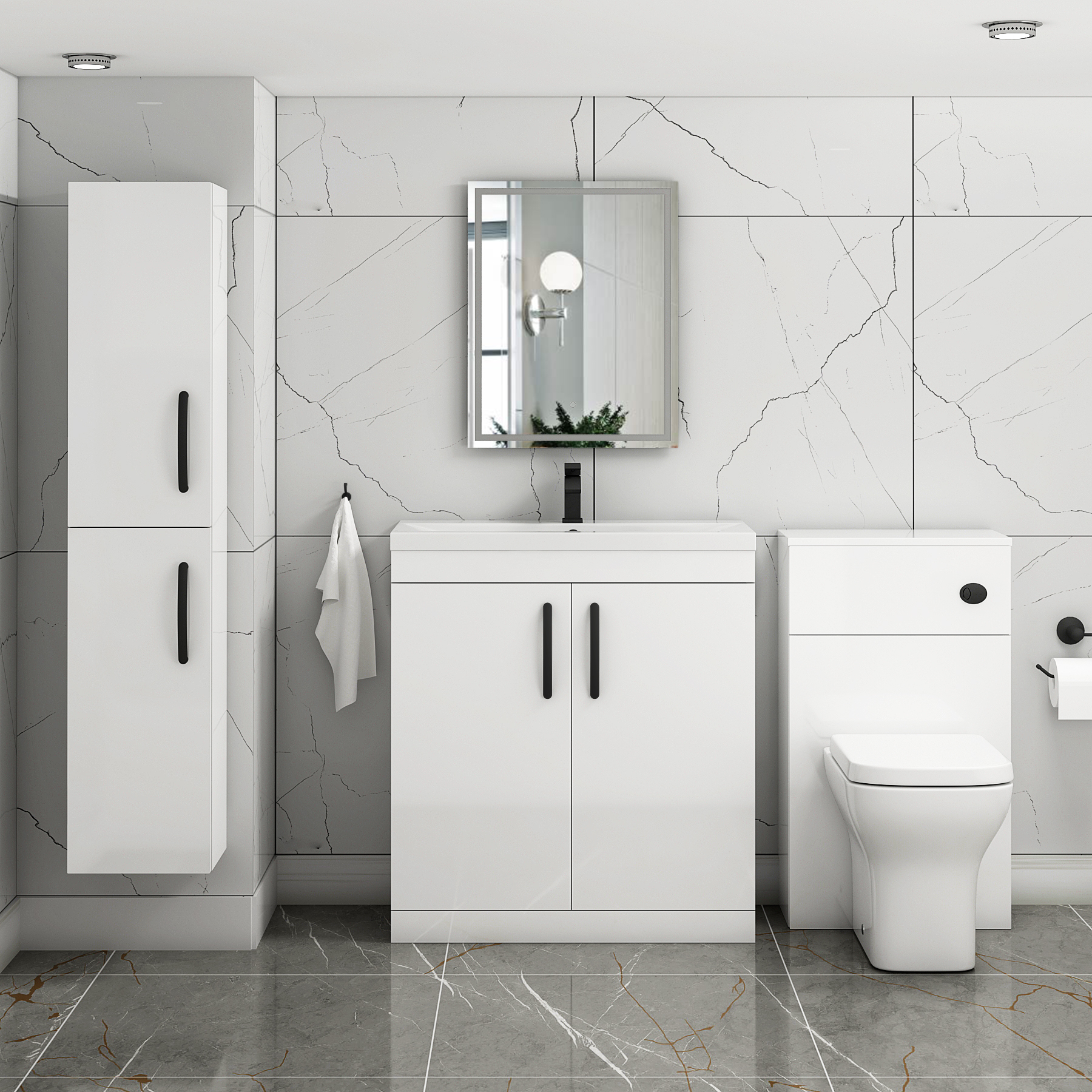Turin 800mm Floor Standing Vanity Sink Unit Gloss White 2 Door - Mid-Edge with Matt Black Handle