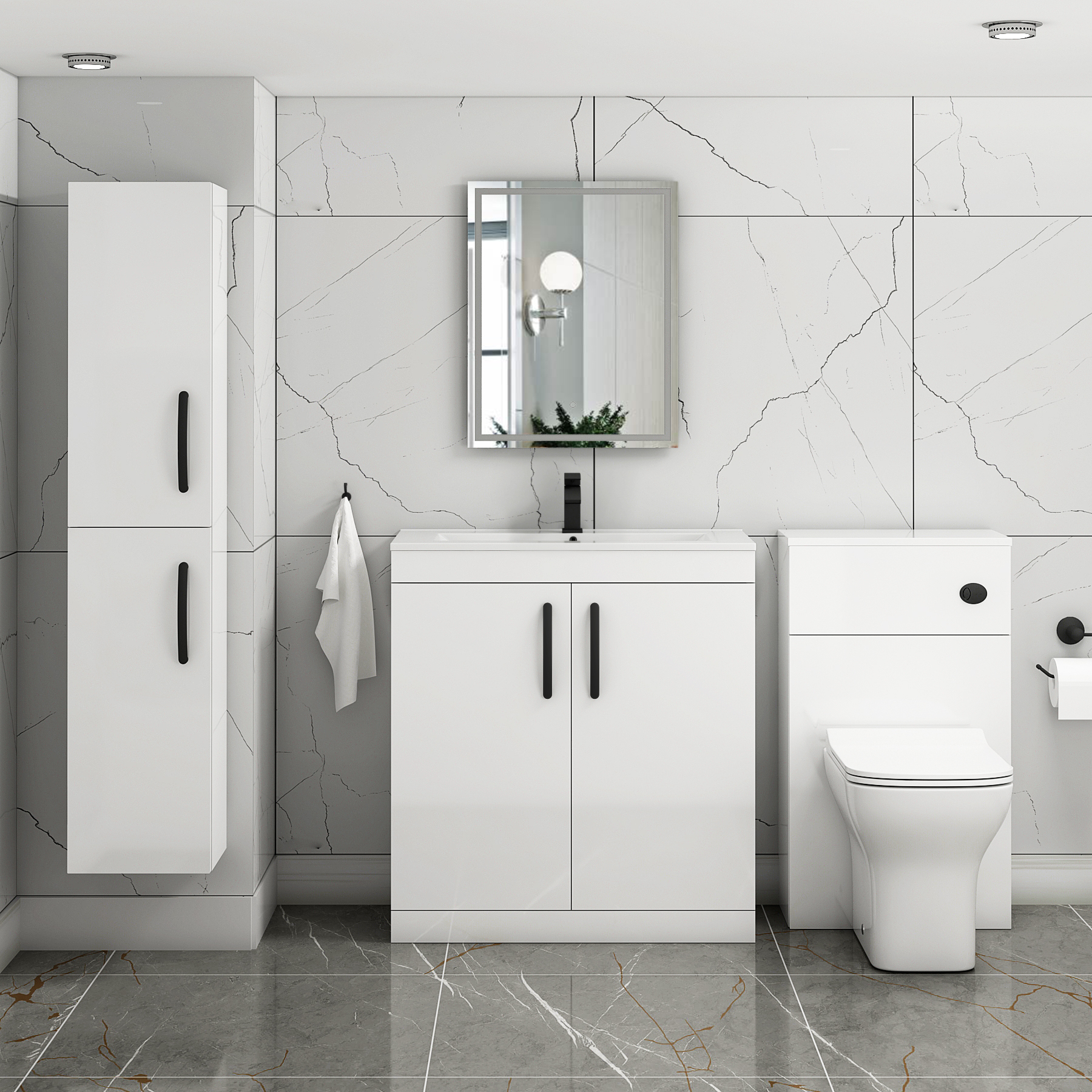 Turin 800mm Floor Standing Vanity Sink Unit Gloss White 2 Door - Minimalist with Matt Black Handle