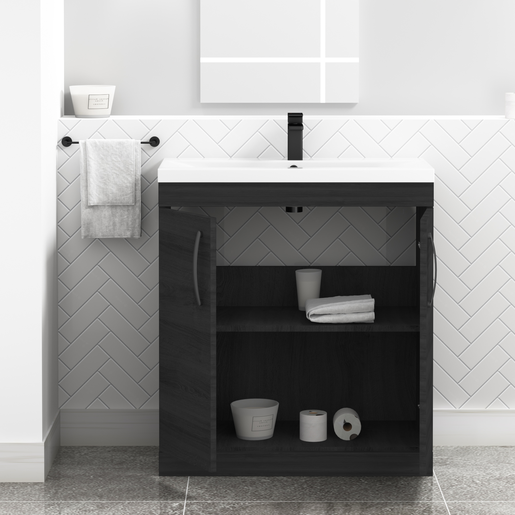 Turin Hale Black Free Standing Vanity Unit Mid-Edge Basin 2 Door - 800mm with Matt Black Handle