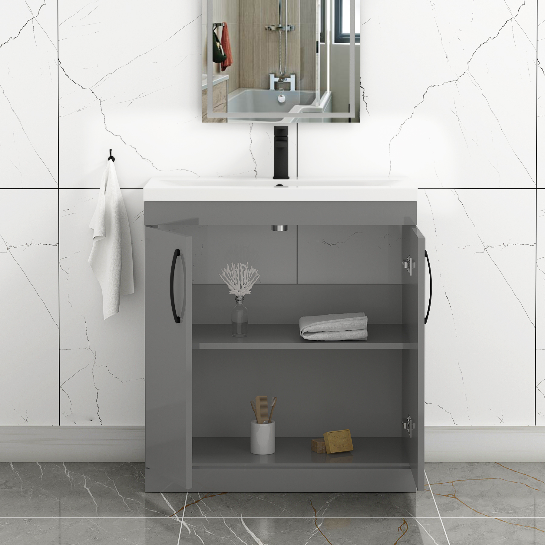 Turin 800mm Floor Standing Vanity Unit Indigo Grey Gloss 2 Door Mid-Edge with Matt Black Handle