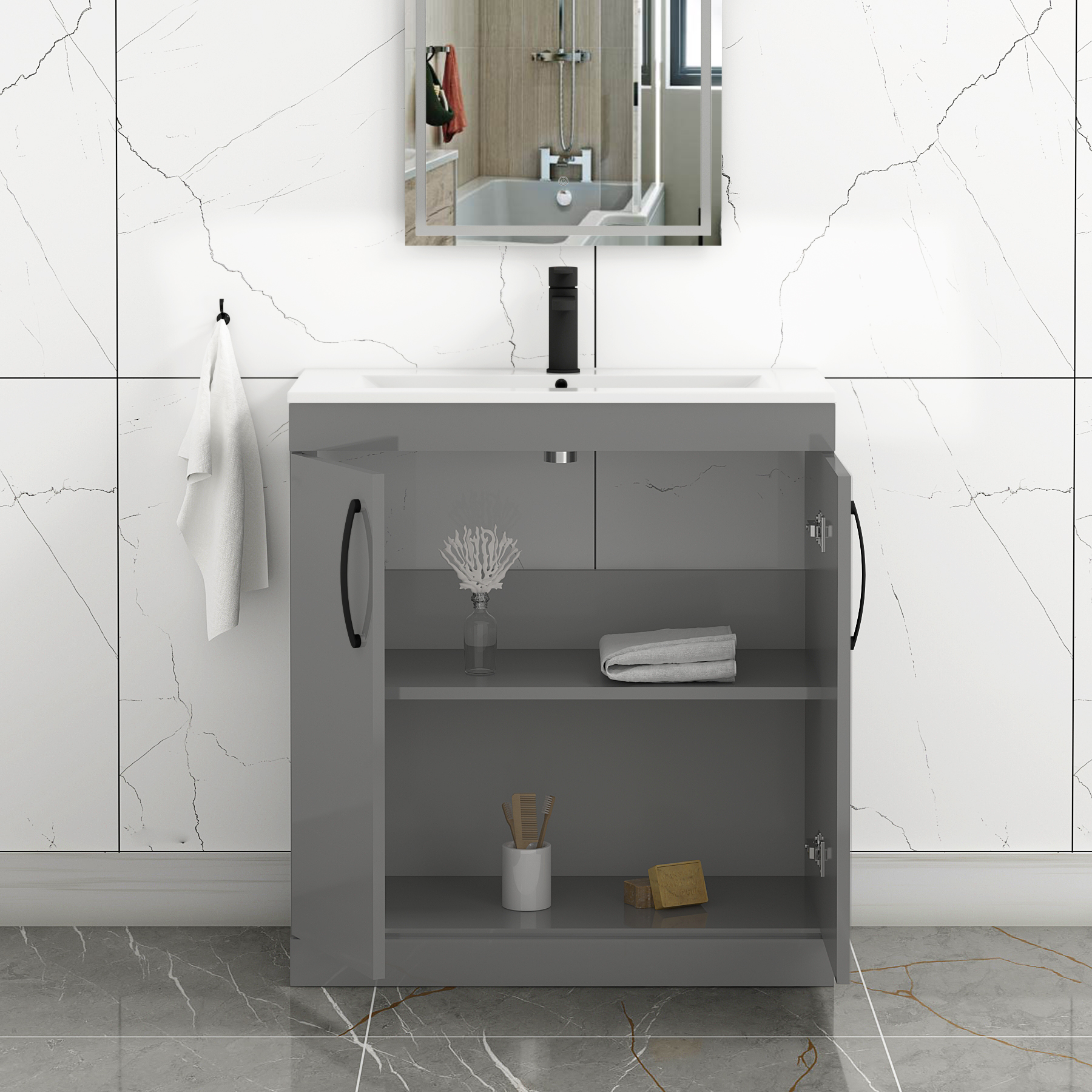 Turin 800mm Floor Standing Vanity Unit Indigo Grey Gloss 2 Door Minimalist with Matt Black Handle