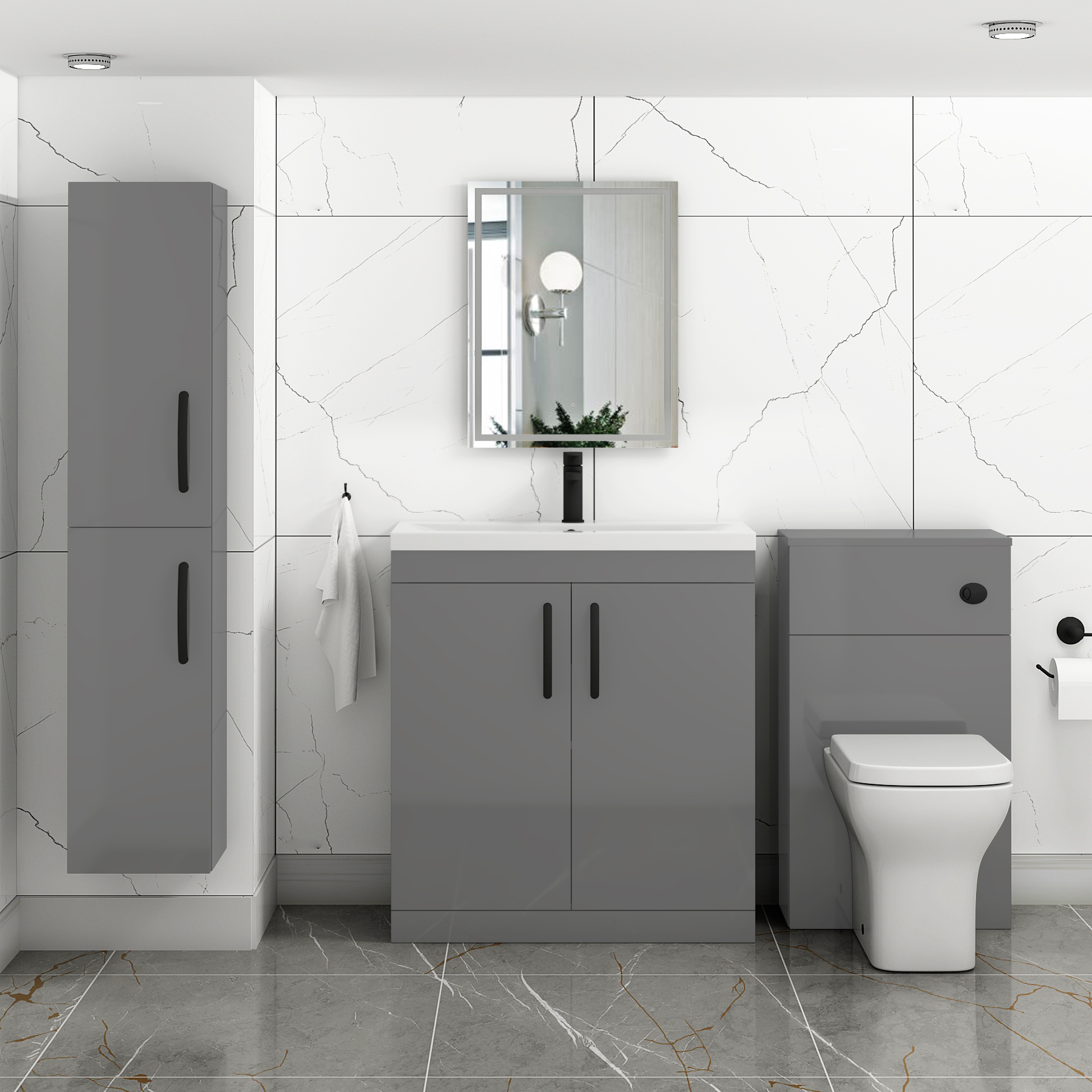 Turin 800mm Floor Standing Vanity Unit Indigo Grey Gloss 2 Door Mid-Edge with Matt Black Handle