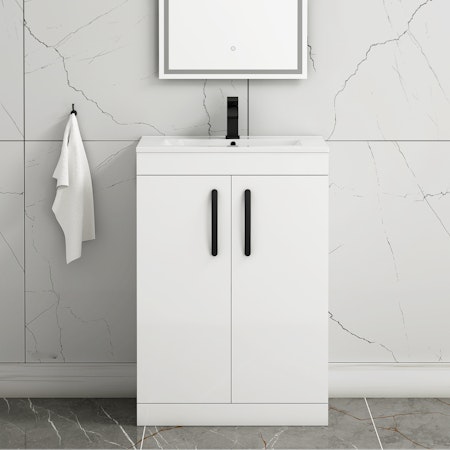 Turin 600mm Floor Standing Vanity Sink Unit Gloss White 2 Door - Minimalist with Matt Black Handle