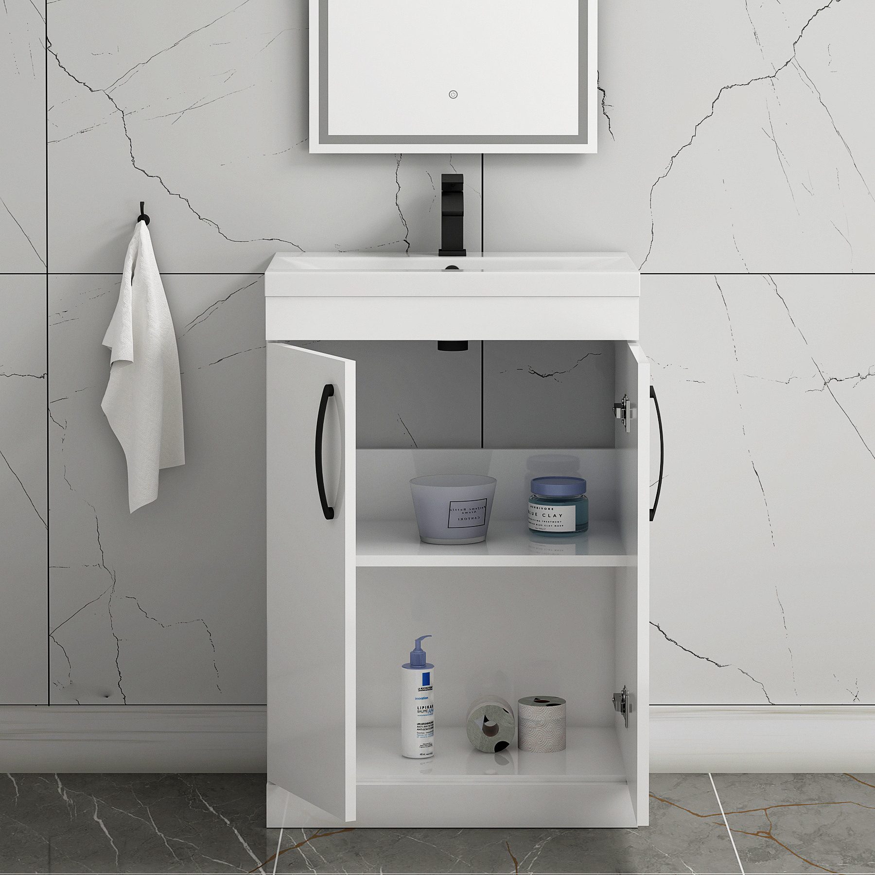 Turin 600mm Floor Standing Vanity Sink Unit Gloss White 2 Door - Mid-Edge with Matt Black Handle