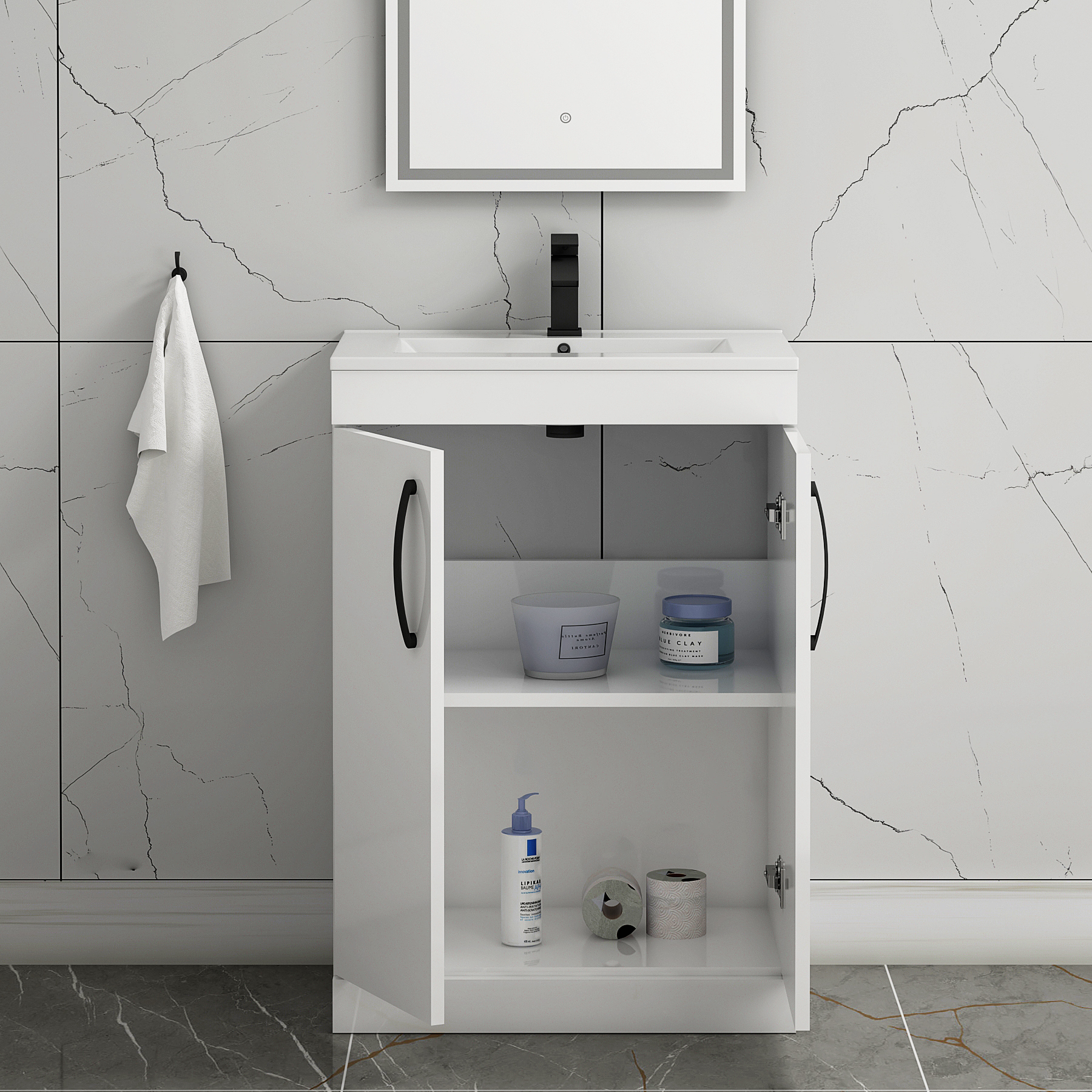 Turin 600mm Floor Standing Vanity Sink Unit Gloss White 2 Door - Minimalist with Matt Black Handle