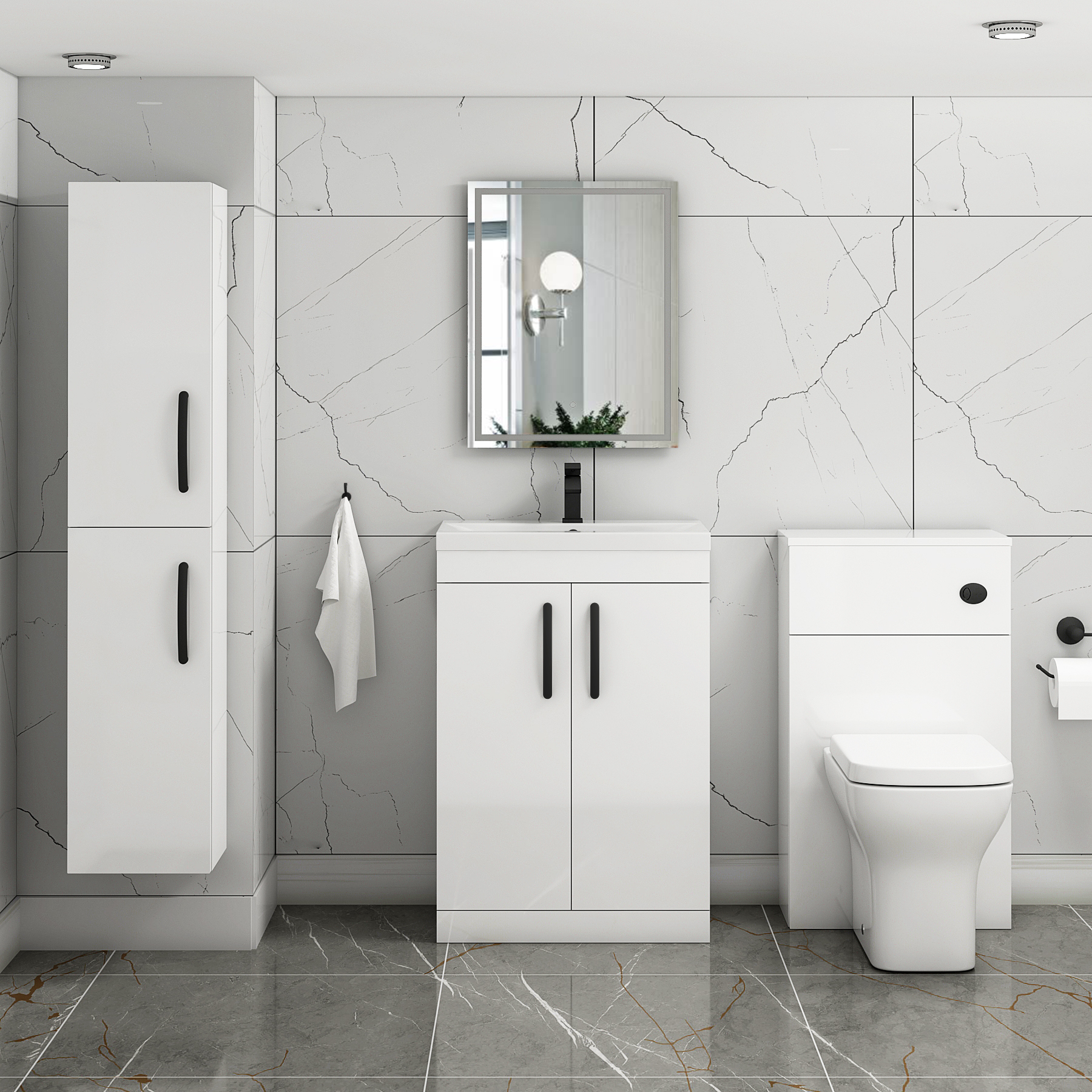 Turin 600mm Floor Standing Vanity Sink Unit Gloss White 2 Door - Mid-Edge with Matt Black Handle