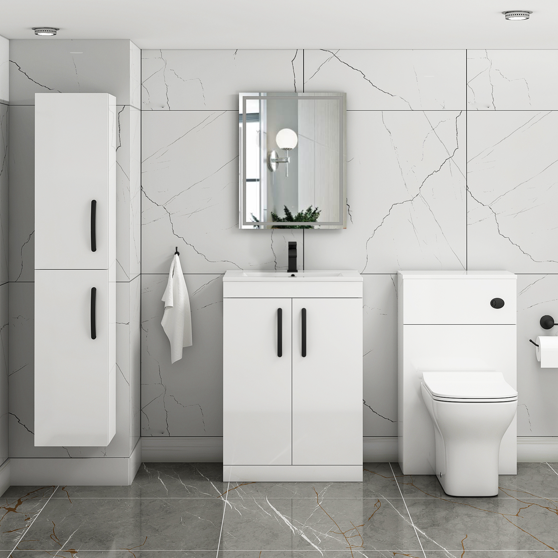 Turin 600mm Floor Standing Vanity Sink Unit Gloss White 2 Door - Minimalist with Matt Black Handle
