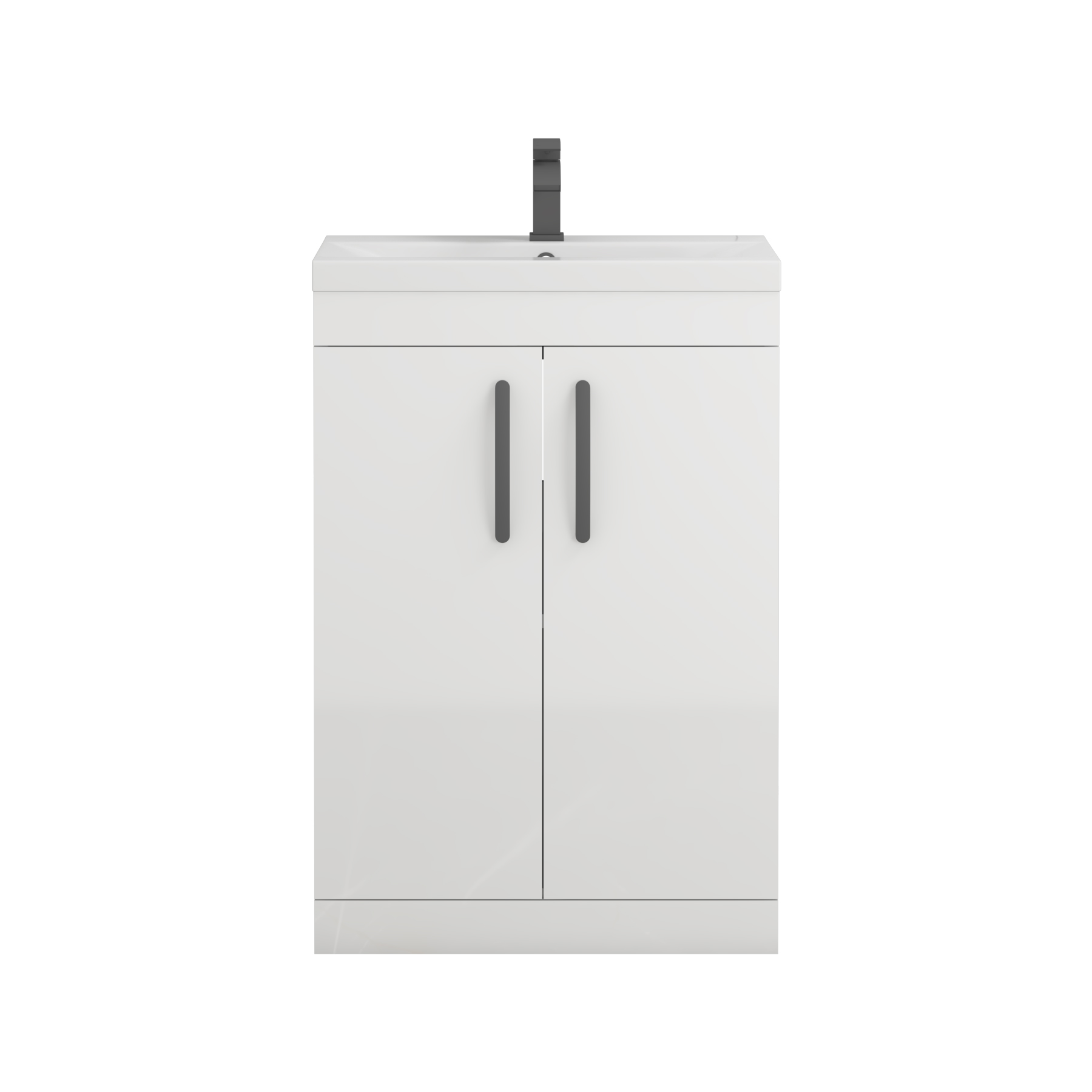 Turin 600mm Floor Standing Vanity Sink Unit Gloss White 2 Door - Mid-Edge with Matt Black Handle