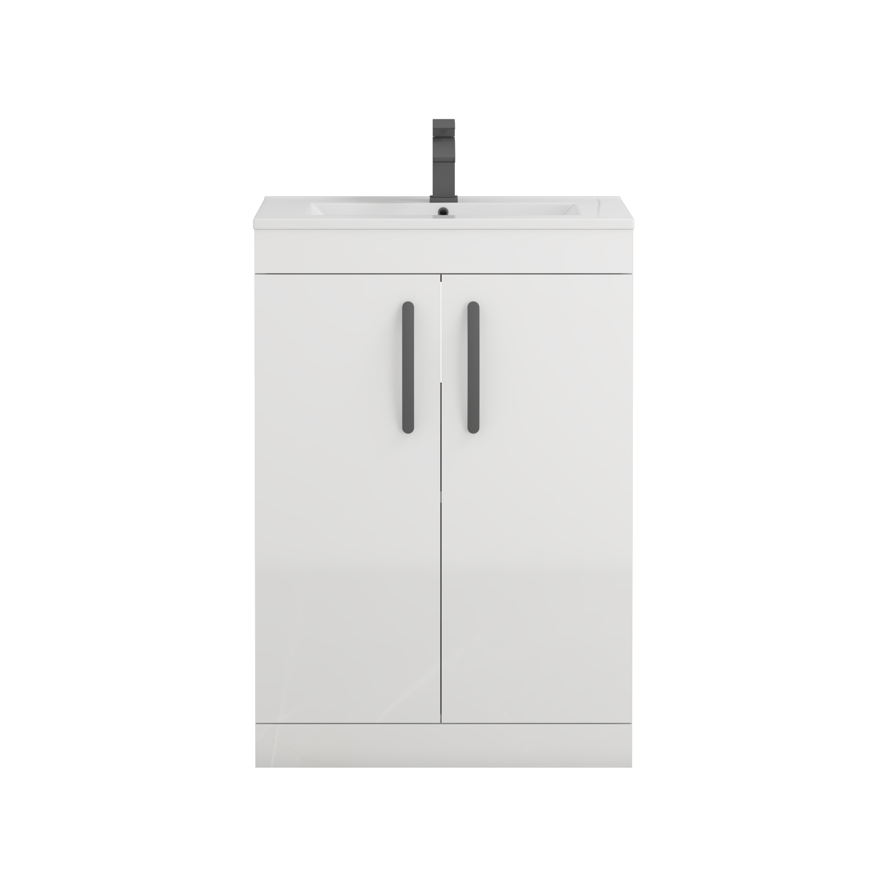 Turin 600mm Floor Standing Vanity Sink Unit Gloss White 2 Door - Minimalist with Matt Black Handle