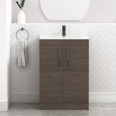 Turin 600mm Floor Standing Vanity Sink Unit Grey Elm 2 Door - Minimalist with Matt Black Handle