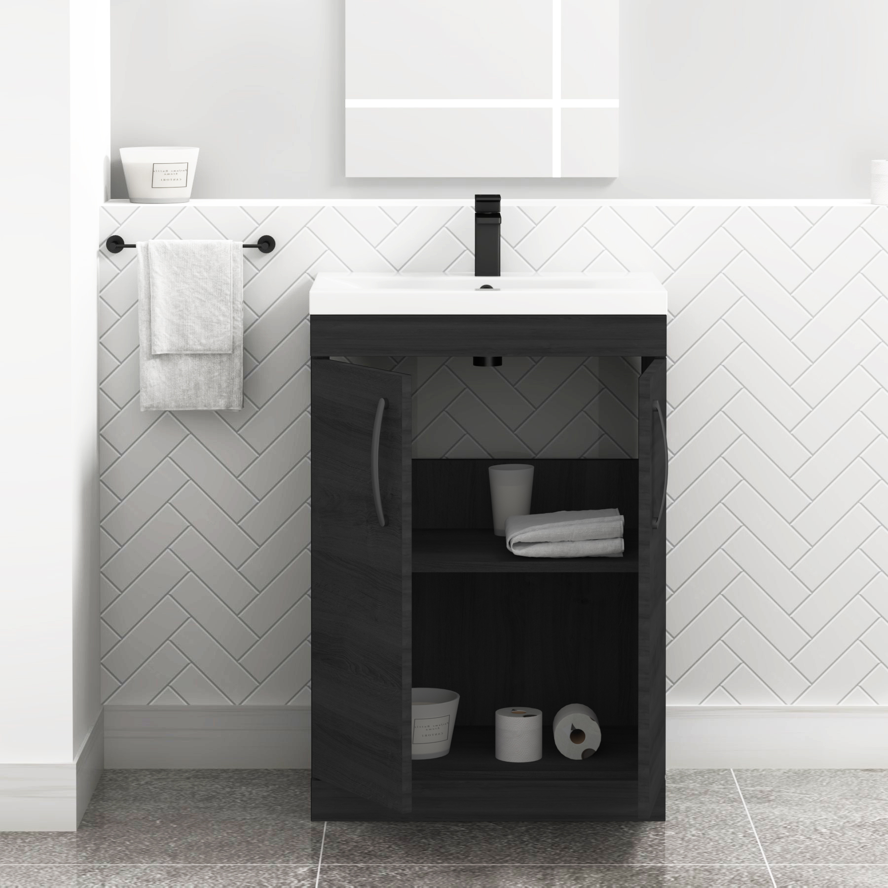 Turin 600mm Floor Standing Vanity Sink Unit Hale Black 2 Door - Mid-Edge with Matt Black Handle
