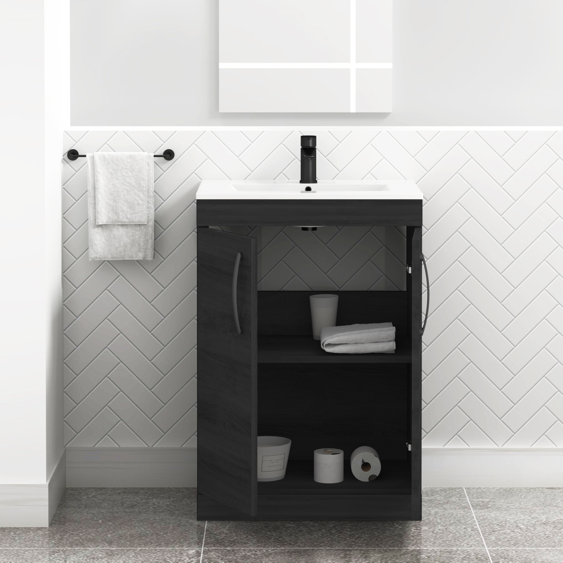 Turin 600mm Floor Standing Vanity Sink Unit Hale Black 2 Door - Minimalist with Matt Black Handle