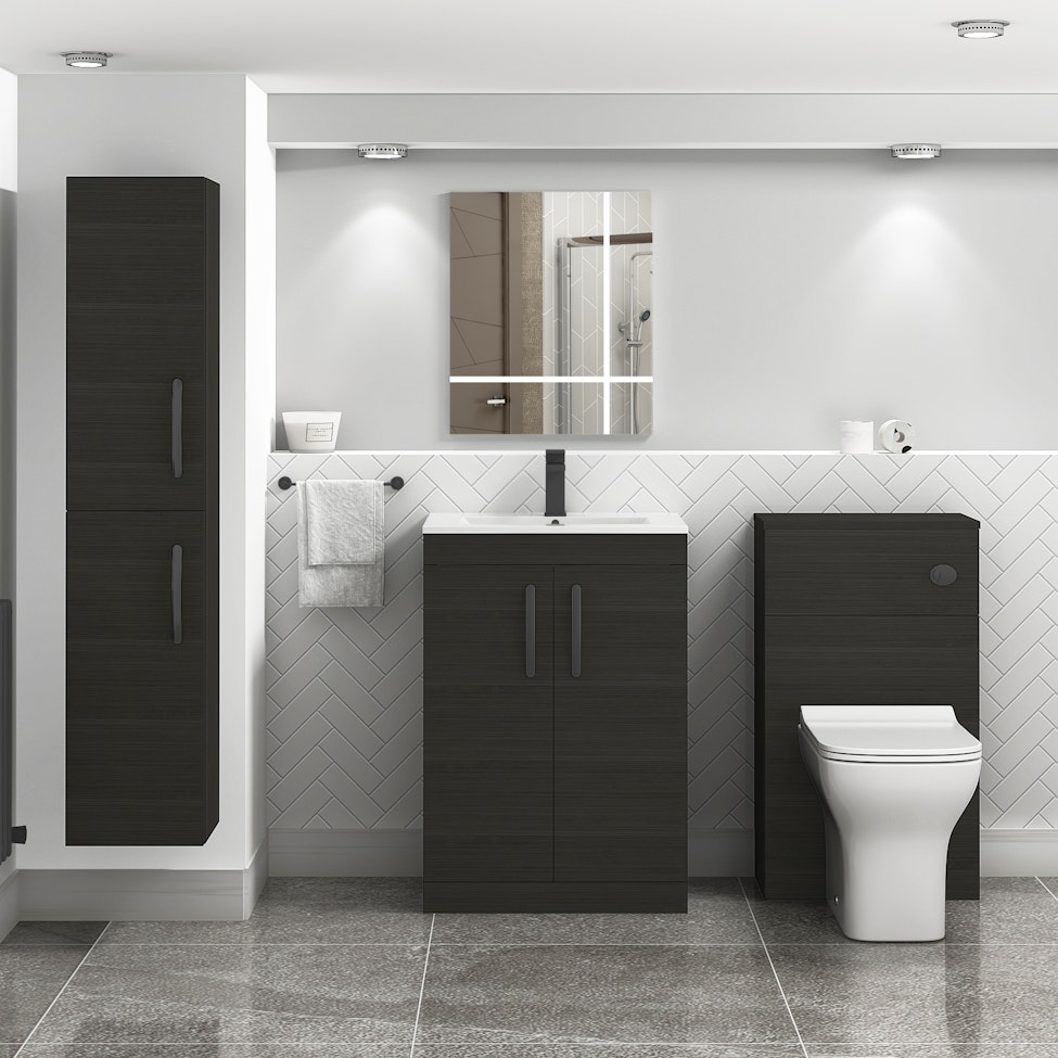 Turin 600mm Floor Standing Vanity Sink Unit Hale Black 2 Door - Minimalist with Matt Black Handle