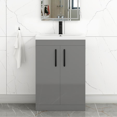 Turin 600mm Floor Standing Vanity Sink Unit Indigo Grey Gloss 2 Door - Minimalist with Matt Black Handle