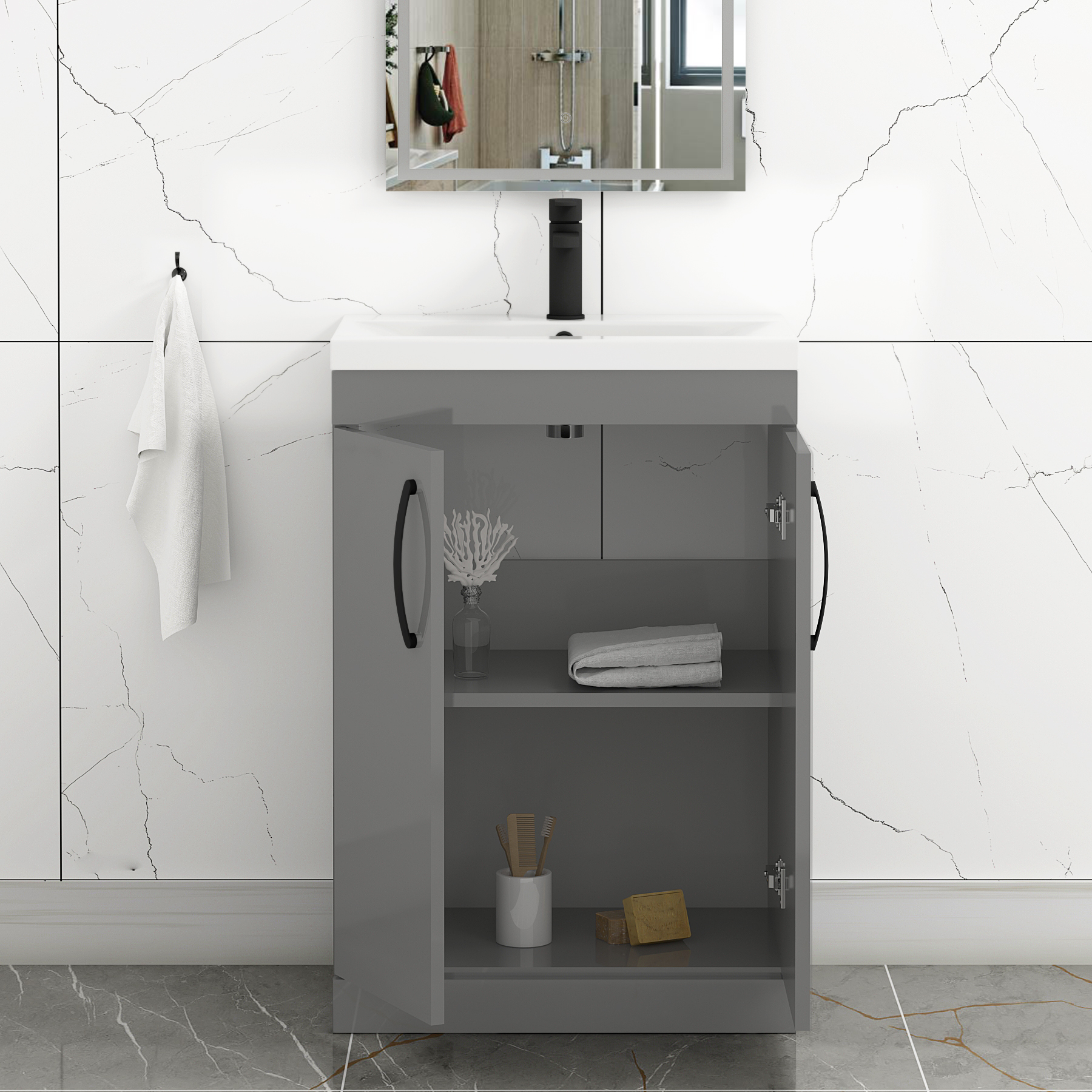 Turin 600mm Floor Standing Vanity Sink Unit Indigo Grey Gloss 2 Door - Mid-Edge with Matt Black Handle