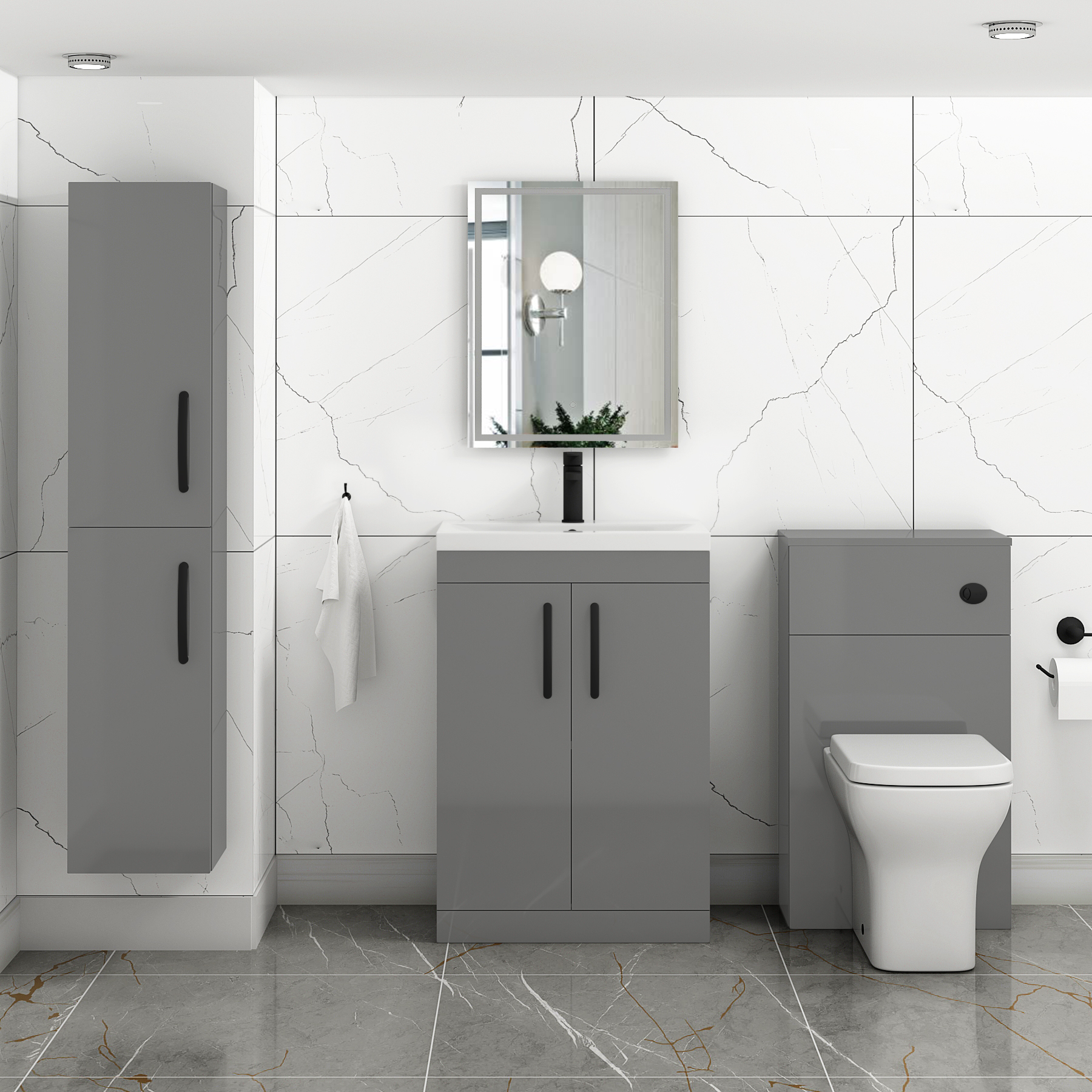 Turin 600mm Floor Standing Vanity Sink Unit Indigo Grey Gloss 2 Door - Mid-Edge with Matt Black Handle