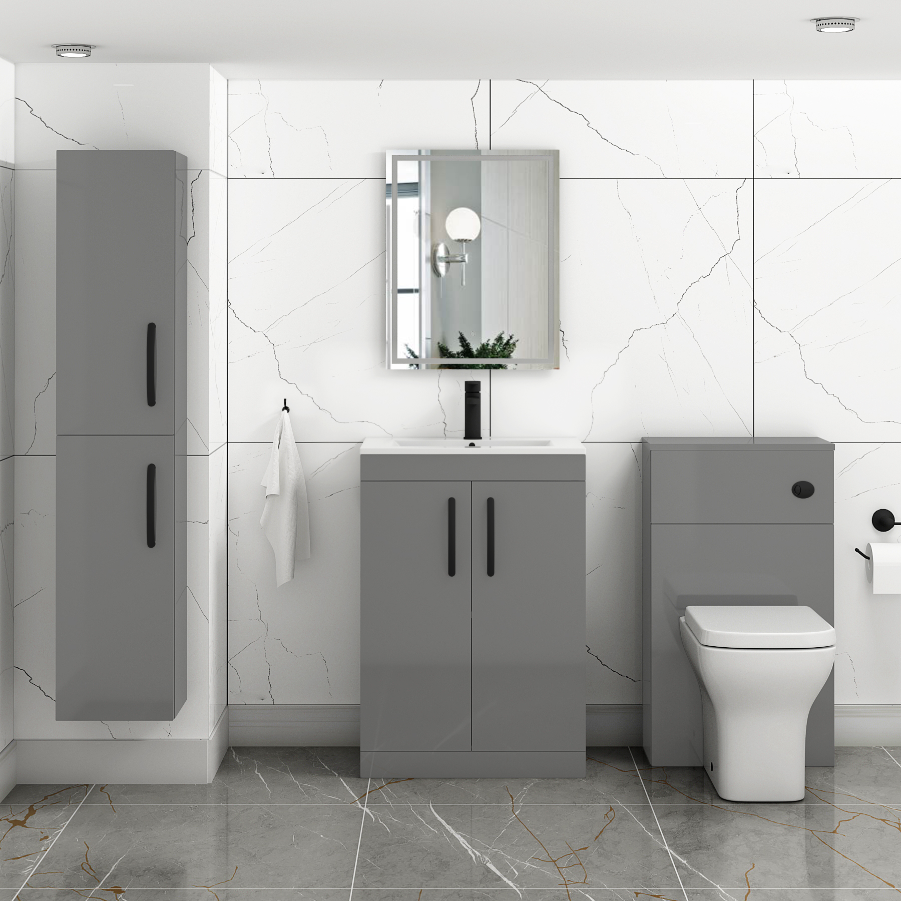 Turin 600mm Floor Standing Vanity Sink Unit Indigo Grey Gloss 2 Door - Minimalist with Matt Black Handle