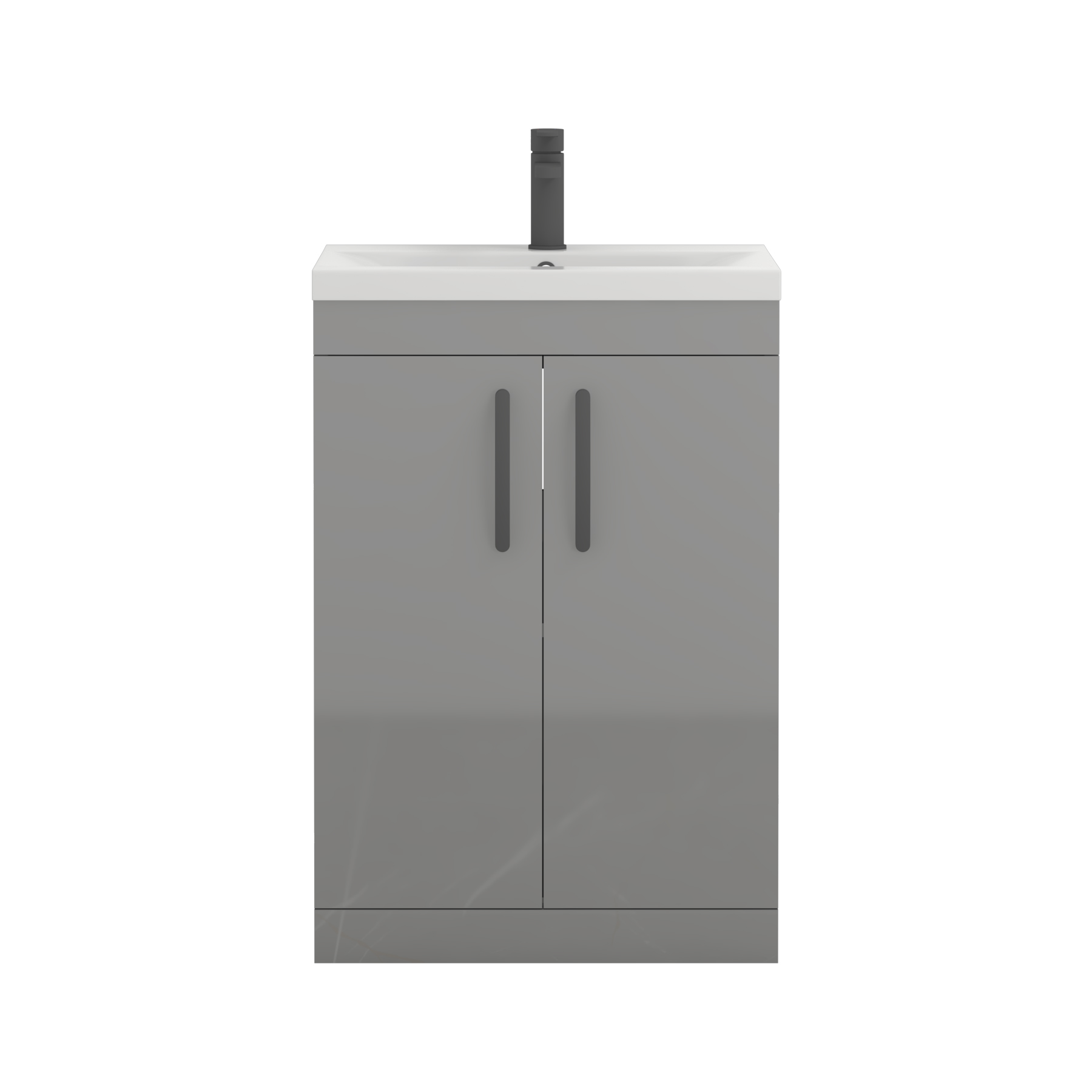 Turin 600mm Floor Standing Vanity Sink Unit Indigo Grey Gloss 2 Door - Mid-Edge with Matt Black Handle