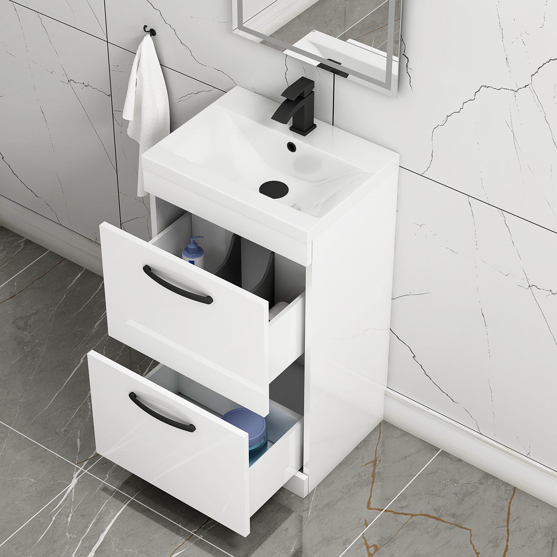 Turin 500mm Floor Standing Vanity Unit Gloss White 2 Drawer Mid-Edge Basin Unit with Matt Black Handle